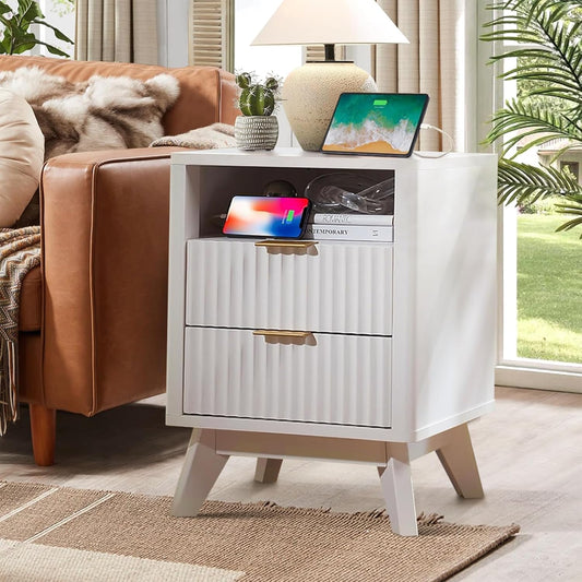 Fluted Nightstand - 24" Modern Bedside Table w/ 2 Drawers, Wood Bed Side End Table with Open Shelf, Night Stand with Storage Drawer, Curved Design Night Stands for Bedroom Living Room (White)