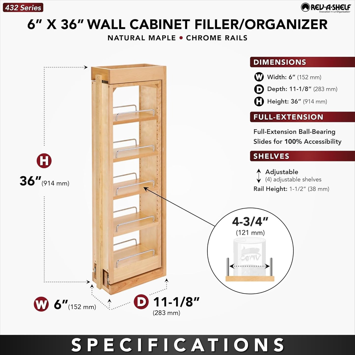 Rev-A-Shelf 6" W x 36" H Pull Out Quad Shelf Organizer for Wall & Base Kitchen Cabinets, Full Extension Filler Spice Rack, Adjustable, Wood, 432-WF36-6C
