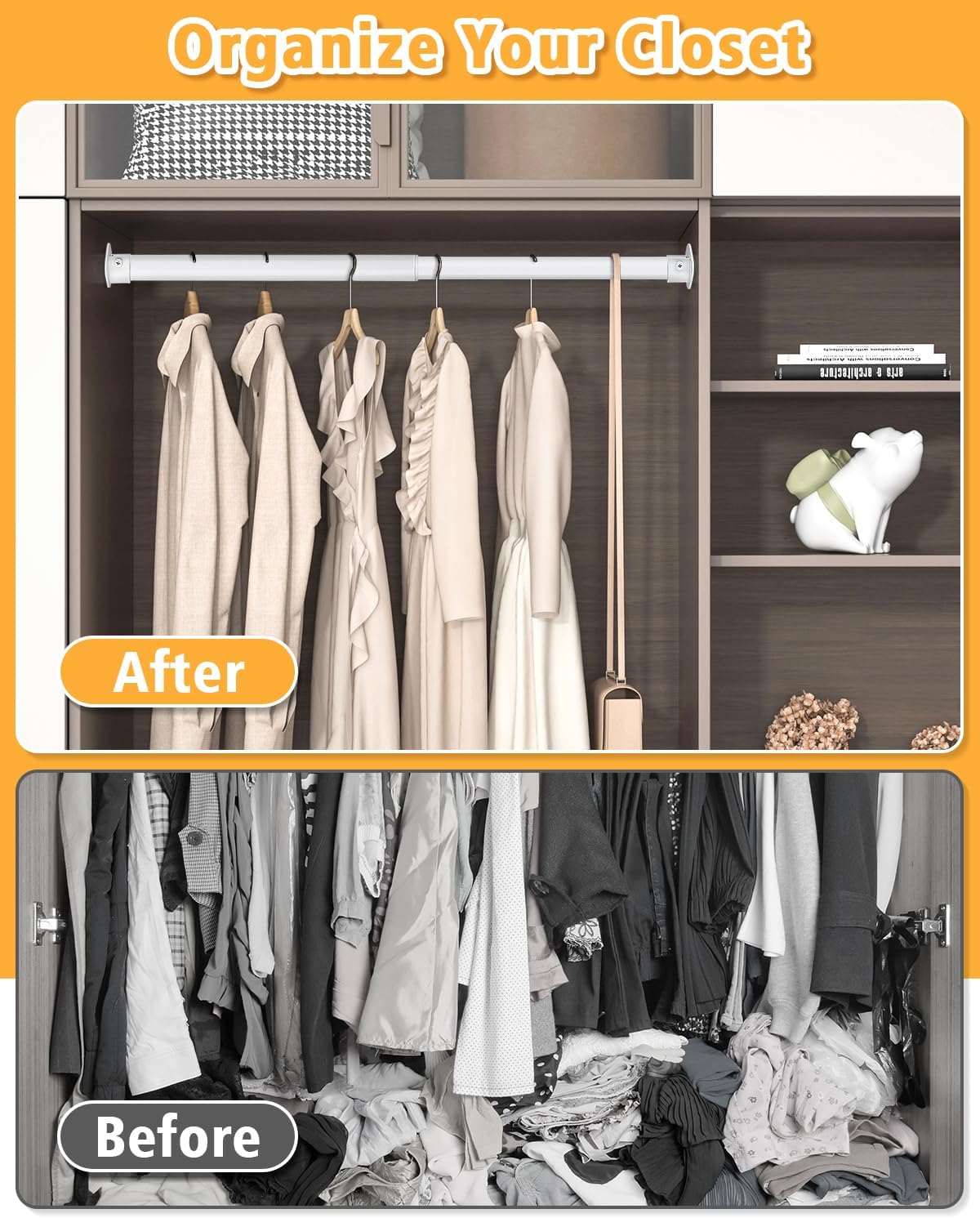 Closet Rod, 17 to 39 Inch Heavy Duty Adjustable Metal Clothing Rack for Hanging Clothes, Closet Poles for Wardrobes, Laundry, Durable Steel, White