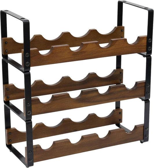 Pearington 12 Bottle Stackable Wine Rack, Rustic 3-Tier Solid Acacia Wood and Iron Wine Bottle Holder, Free Standing Countertop Liquor Display Shelf, 17" x 7.2" x 16.5"