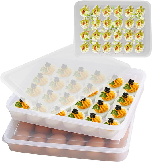 Egg Holder for Refrigerator, Deviled Egg Containers Large Plastic Egg Tray Carrier for Fridge Kitchen Egg Storage Compact Stackable Durable Clear with Lid Fits 48 Eggs 2 Pack