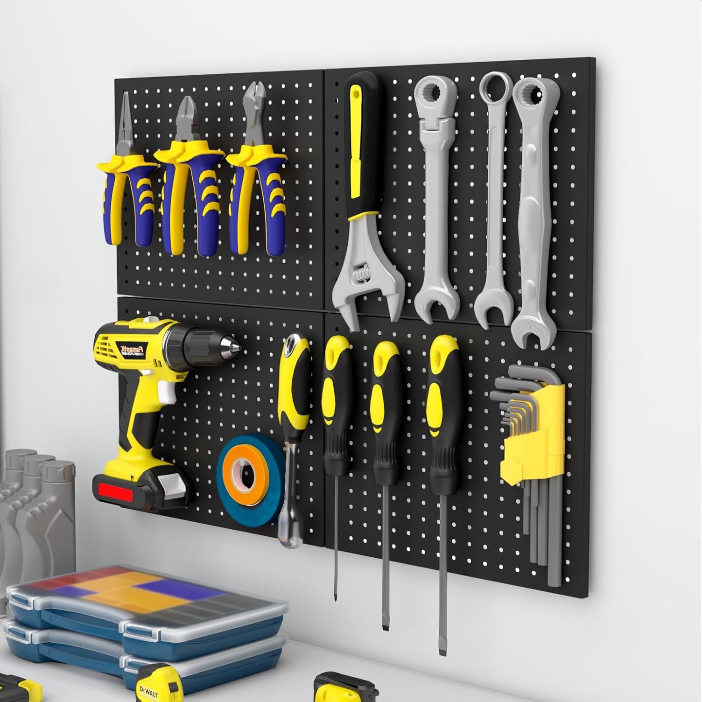 Peg Board,4 Pack Metal Pegboard Panels,Black Pegboard Wall Organizer,16"x12" Heavy Duty Peg Boards for Walls,Tools,Garage,Office,Kitchen