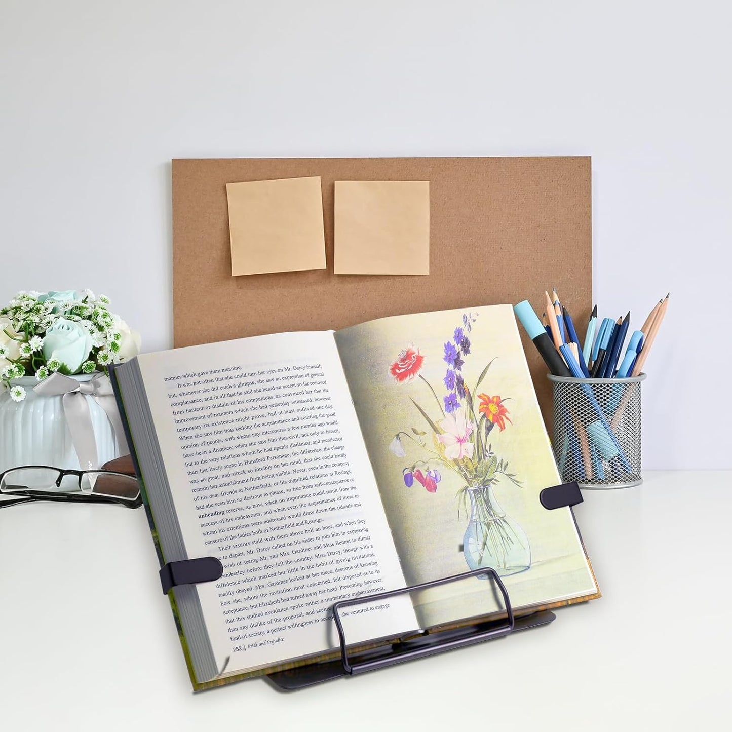 Metal Desk Book Stand for Reading with Adjustable Clips, Hands-Free Foldable Book Holder for Kids, Portable Document Stand for Desk, Display Stand for Recipes, Cookbooks, Tablets - Black