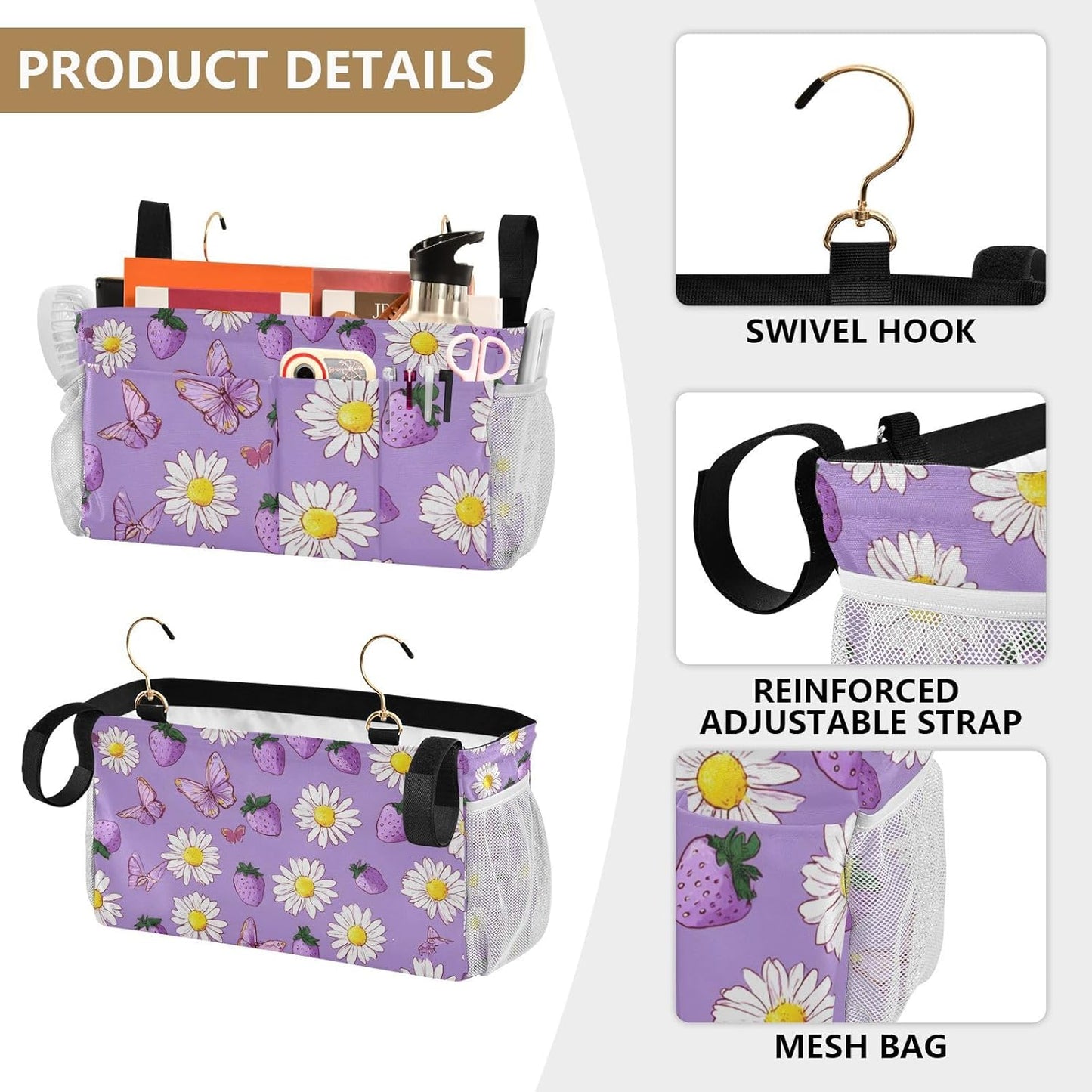 Purple Cute Daisy Butterflies Strawberry Bedside Caddy for Dorm Bed Bedside Hanging Caddy Bag Iron Frame Storage Organizer Pocket for Bunk Home College Hospital Beds 2 Hooks