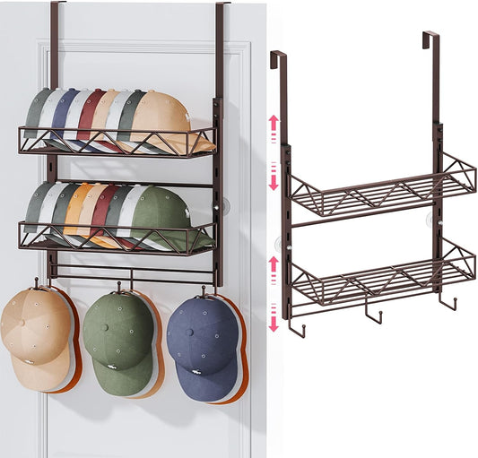 SWTYMIKI Over Door Hat Organizer - 3 Tier Wall Mounted Hat Rack with 2 Adjustable Metal Basket and 3 Hooks, Hanging Baseball Cap Organizer Storage Holds up to 29 Caps for Door, Bedroom, Closet