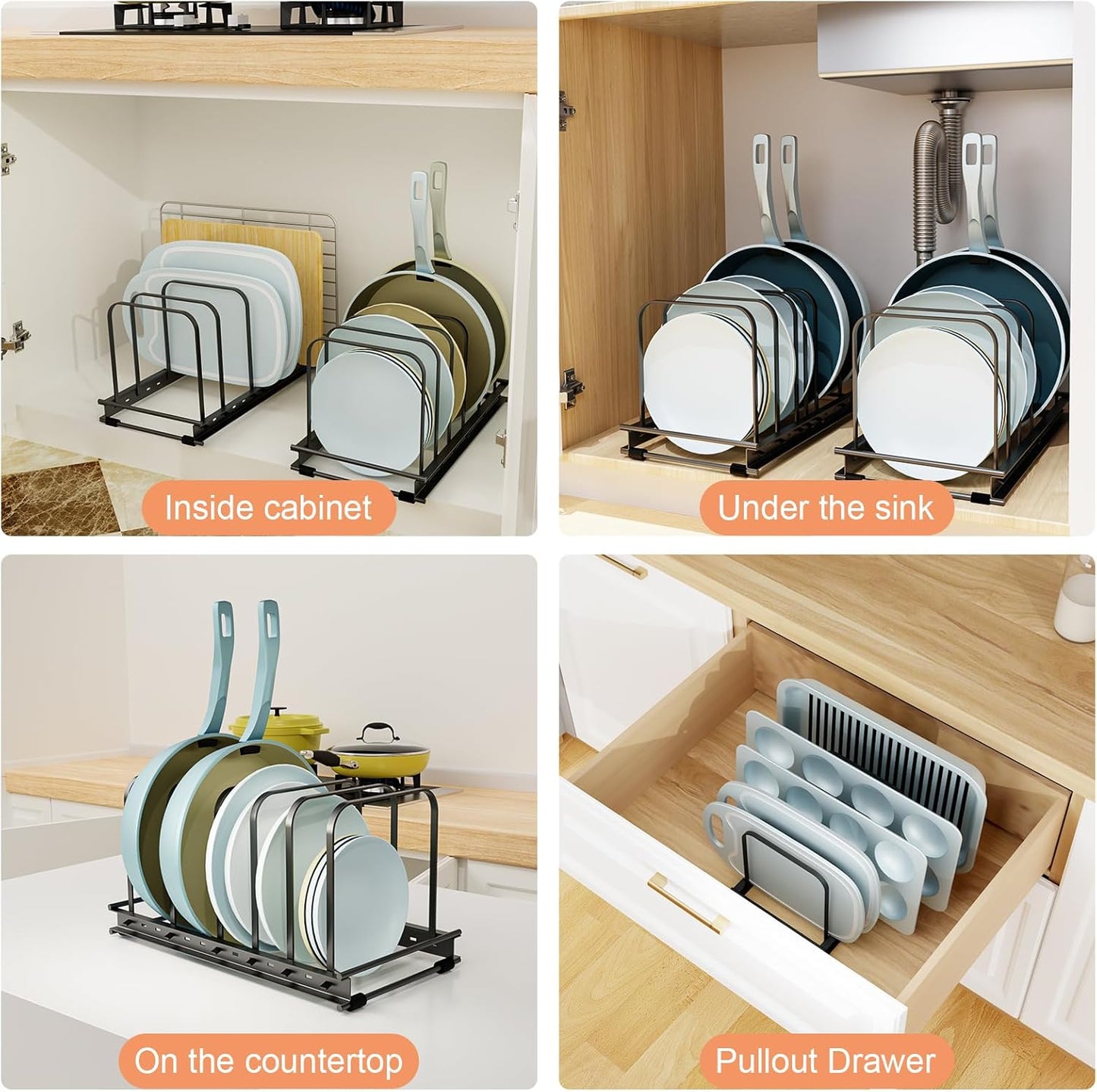 Cutting Board Organizer Rack, 2-Pack Adjustable Bakeware Organizer Holder for Cabinet Countertop, 7 Slots Metal Rack Cookie Baking Sheet, Pot Pan Lids Divider Kitchen Organization Storage, Black