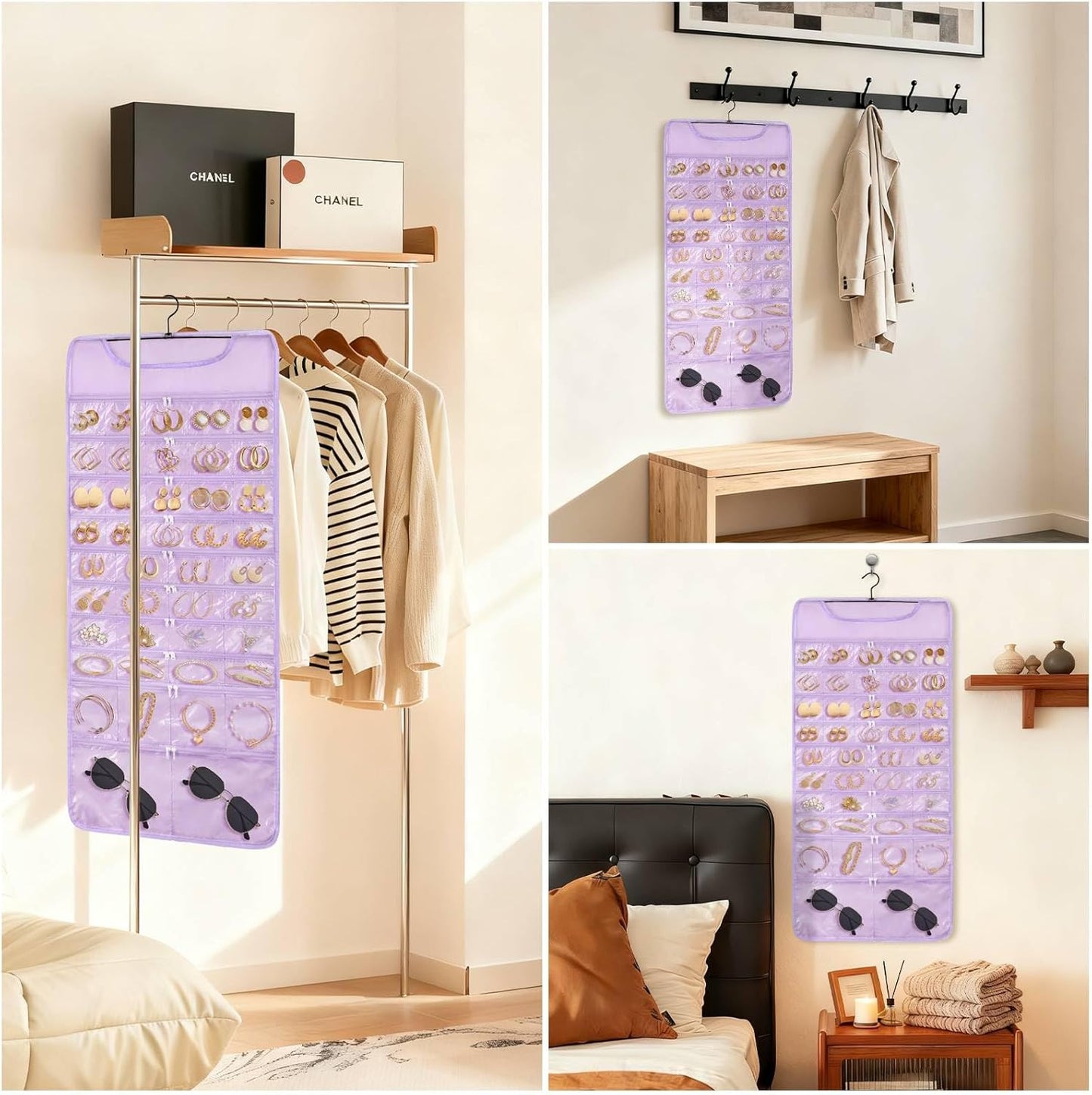 FOREGOER Hanging Jewelry Organizer with 88 Zippered Pockets, Dustproof Foldable for Travel, Accessories Organizer for Holding Jewelries Earring Organizers and Storage (Purple)