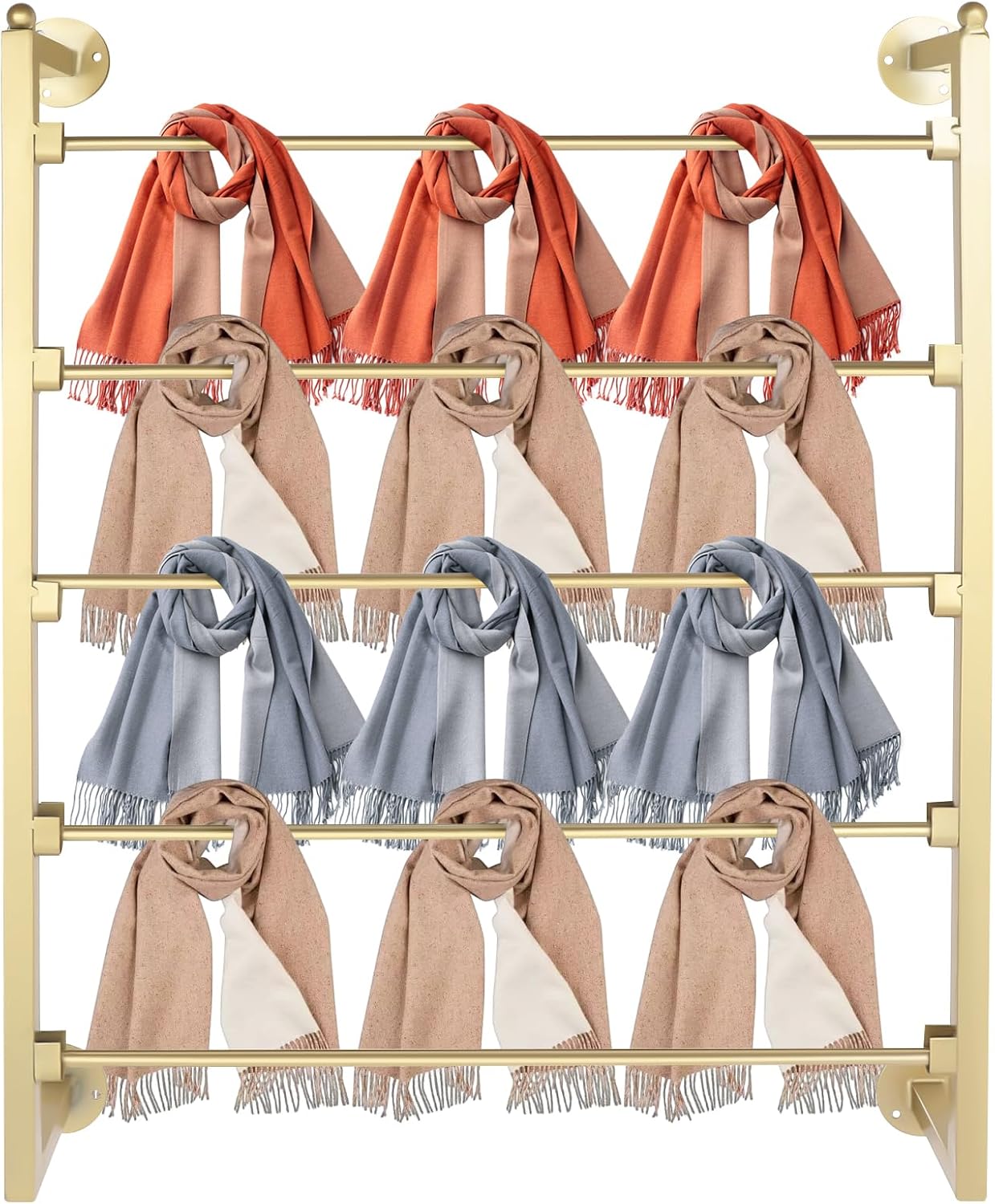 Wall Mounted Scarf Rack, 5 Tier Ties Silk Scarves Towels Storage Multifunctional Metal Rack, Space-Saving Wrapping Paper Organizer Ribbon Holder for Flower Shops Gold