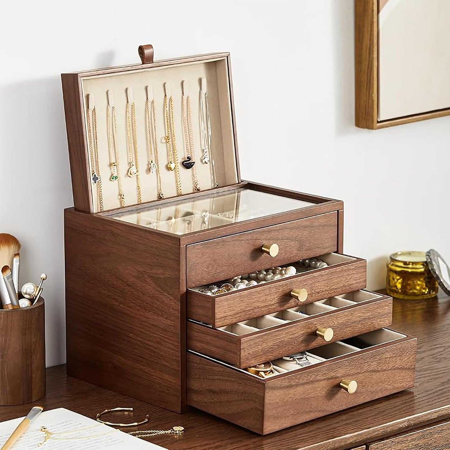 CHOSIN Black Walnut Wooden Jewelry Box for Women, Wood Jewelry Organizer 4 Layer with Glass Lid and Pull-out Necklace Storage Layer, for Watch Necklace Ring Earring Storage Christmas Gifts