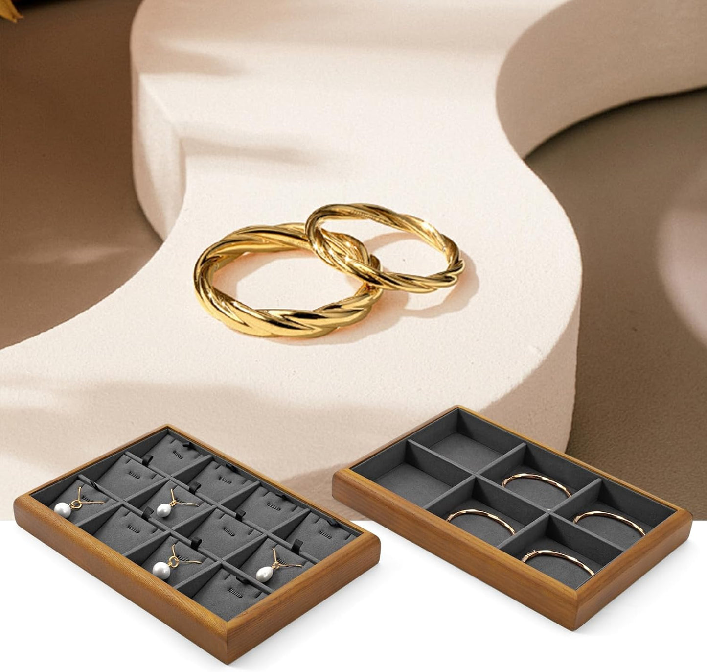 Oirlv Solid Wood Multifunctional Ring Earrings Studs Bangle Jewelry Organizer Tray Jewelry Drawer Organizer(Grey)