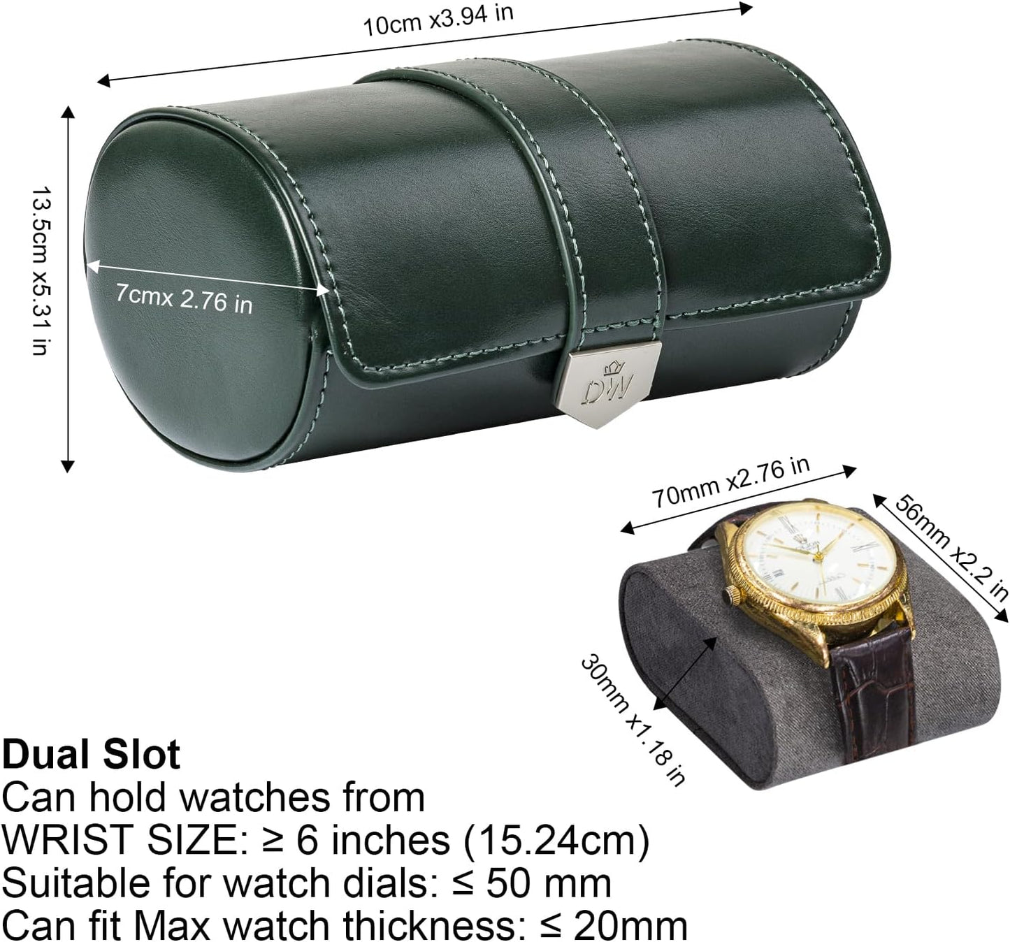 DUKWIN Watch Roll for 2 Watches,Vegan Leather Travel Watch Case Organizer with Removable Pillows for Men and Women,Display Case for Watches Collection and Gift for Anniversary Birthday(Green Storage)