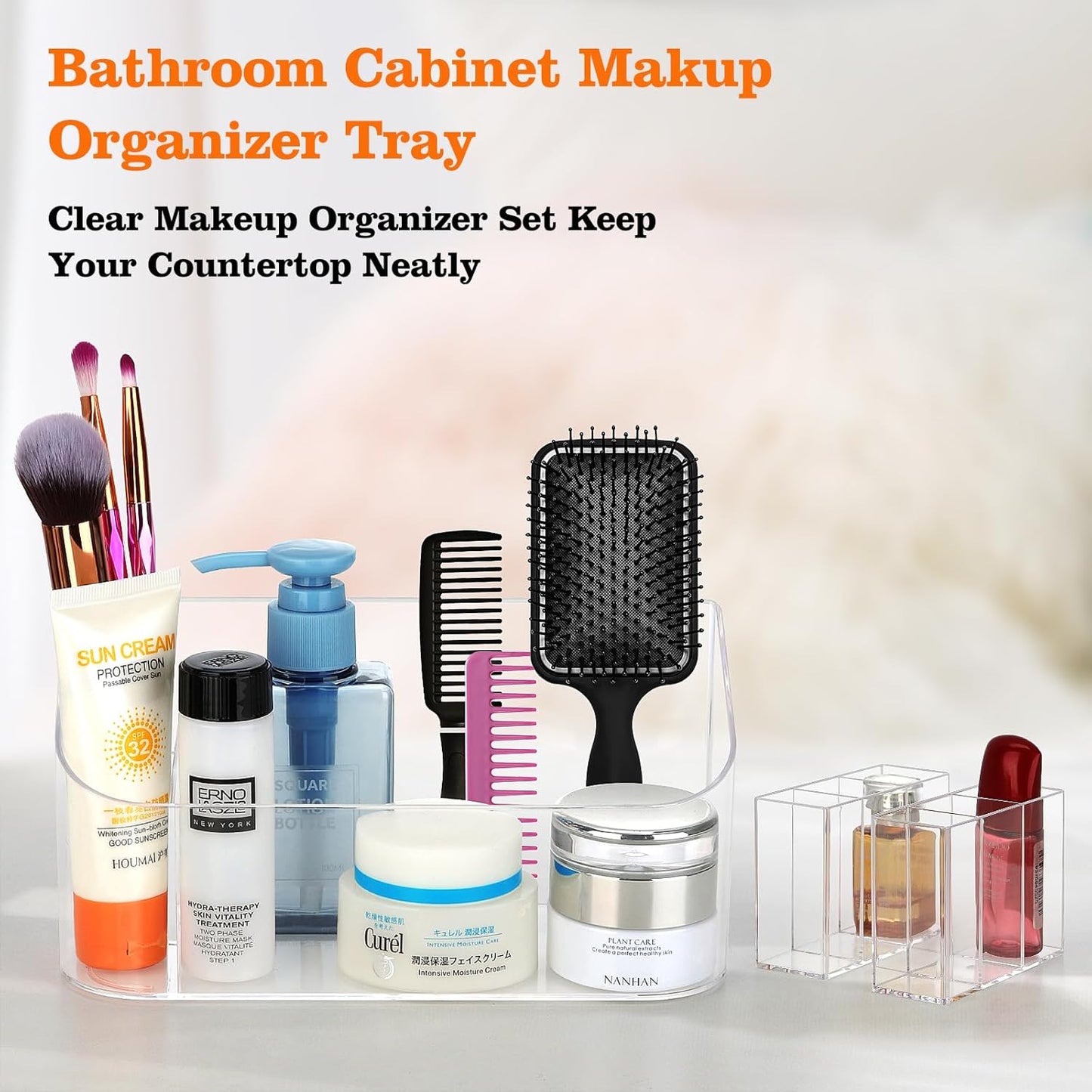 Clear Makeup Tray Holder Organizer Cosmetic Display Case, Small Makeup Organizer for Vanity Bathroom Counter Countertop Tabletop Desktop Vanity Drawers (Clear)