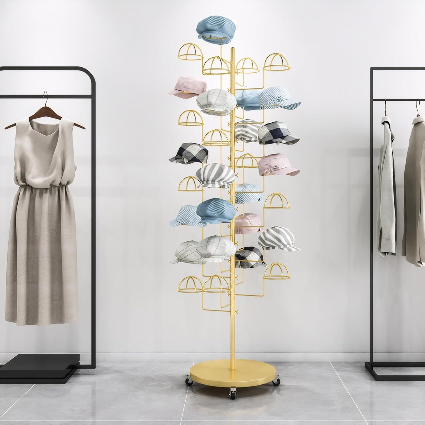 Gold Hat Display Stand, Commercial Hat Rack with 30 Hooks & Wheels, Freestanding Metal Cap Organizer for Retail Store, Home, 69 inch