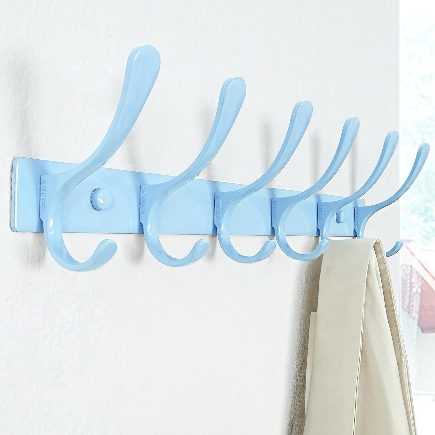 SKOLOO Heavy Duty Wall Mounted Coat Rack - 6 Hooks, Stainless Steel, Pack of 2, Sturdy Coat Hooks for Hanging Clothes, Jacket, Hat, Blue