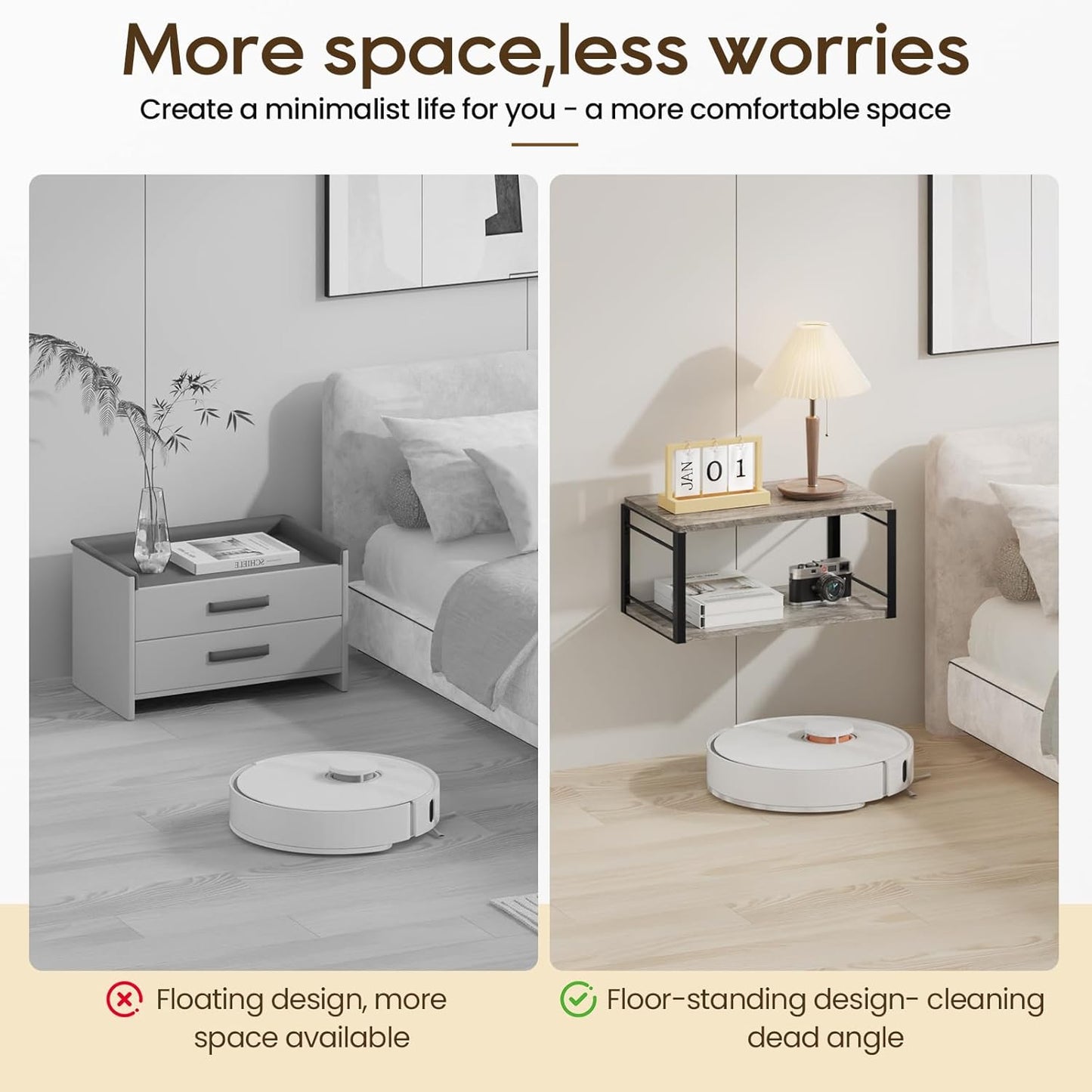 Floating Nightstand Wall Shelf, Wood Bedside Shelf Wall Mounted Nightstand Set of 2, Floating Bedside Table for Bedroom, Living Room, Bathroom, Kitchen, Office(Vintage Gray)