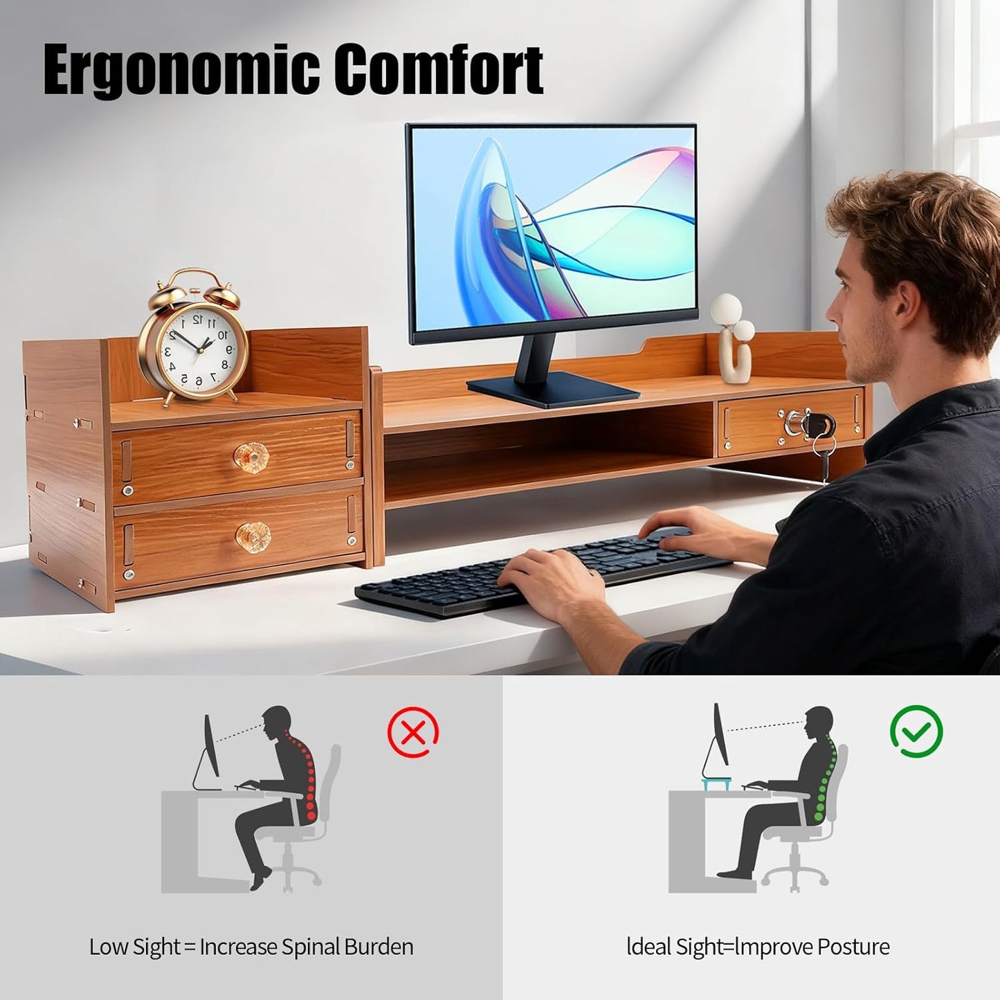 Wood Monitor Stand Riser with 3 Drawers & Lockable Storage – Desktop Organizer for Computer, Laptop, and Office Supplies, Ergonomic Monitor Stand for Desk, Workspace Organizers & Accessories