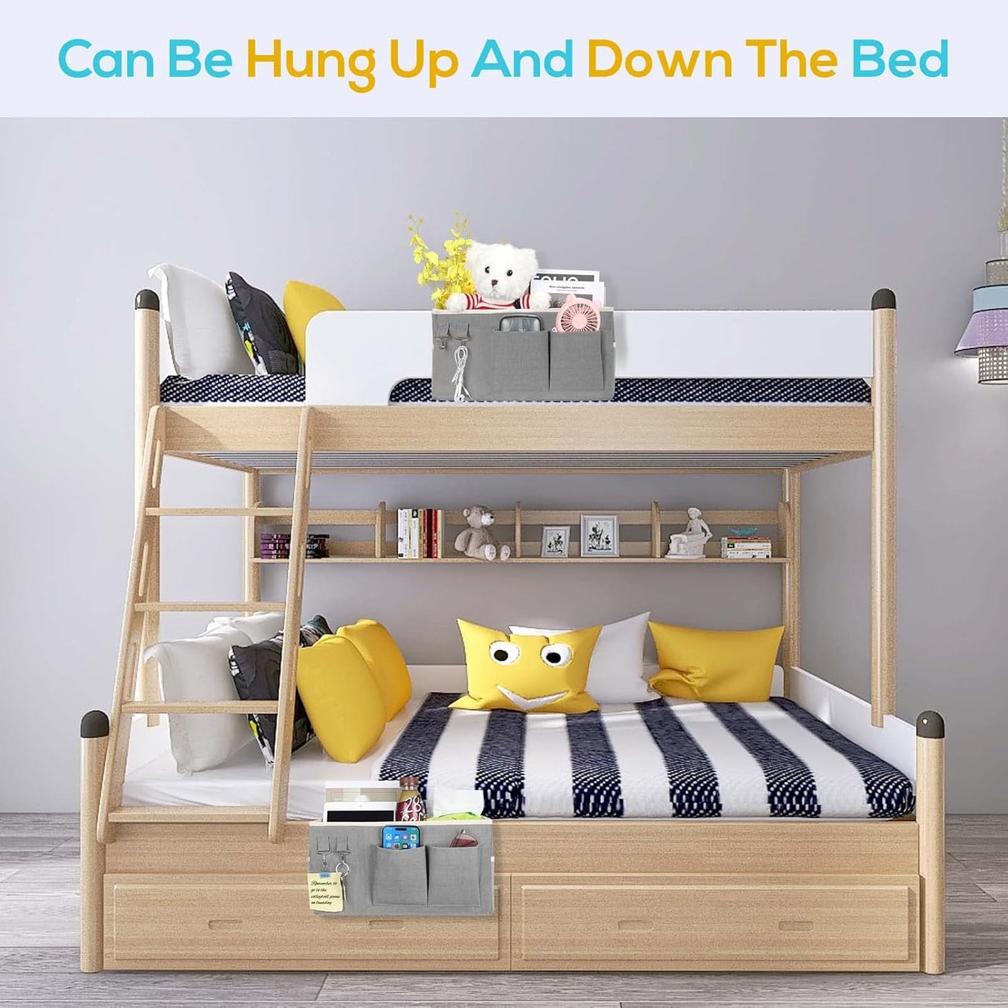 2pcs Bedside Caddy Hanging Storage Bag, Organizer Baskets with Pockets for Bunk Bed Shelf and Hospital Beds, Loft & Dorm Rooms Chair Bed Rails Accessories (Bedside bag-Riceball)