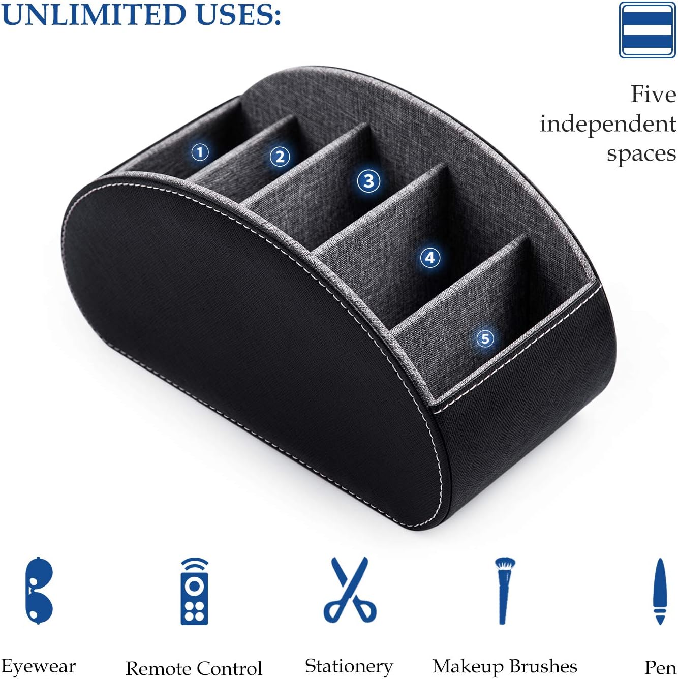 BONNY DODO Remote Control Holders Organizer Box with 5 Compartment PU Leather Multi-functional Office Desk Storage Caddy Store (Black)