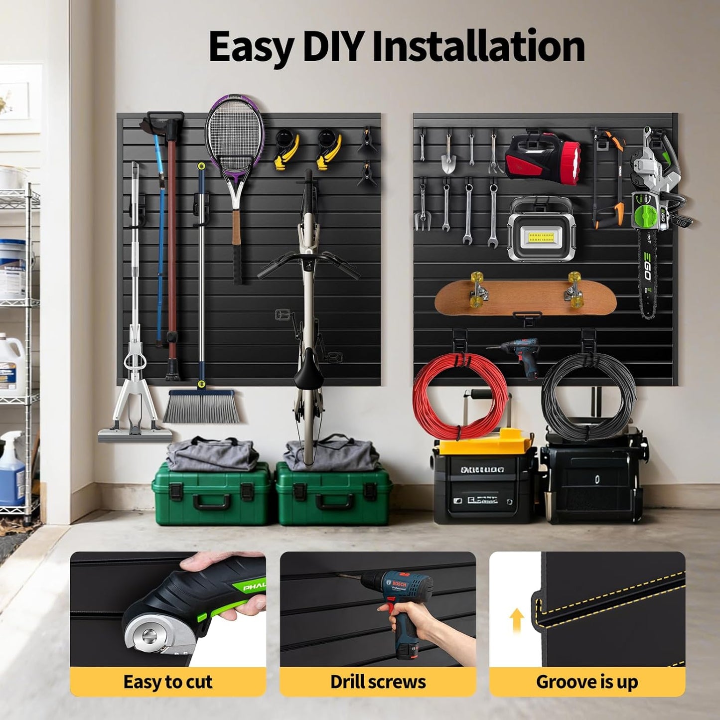 Slat Wall Panels 8x4 ft, Heavy-Duty PVC Garage Slatwall Panel with Trim & Screws, Interlocking Black Wall Panels, Garage Wall Organizer Slat Board PVC Wall Panel for Tools and Sports Equipment Storage