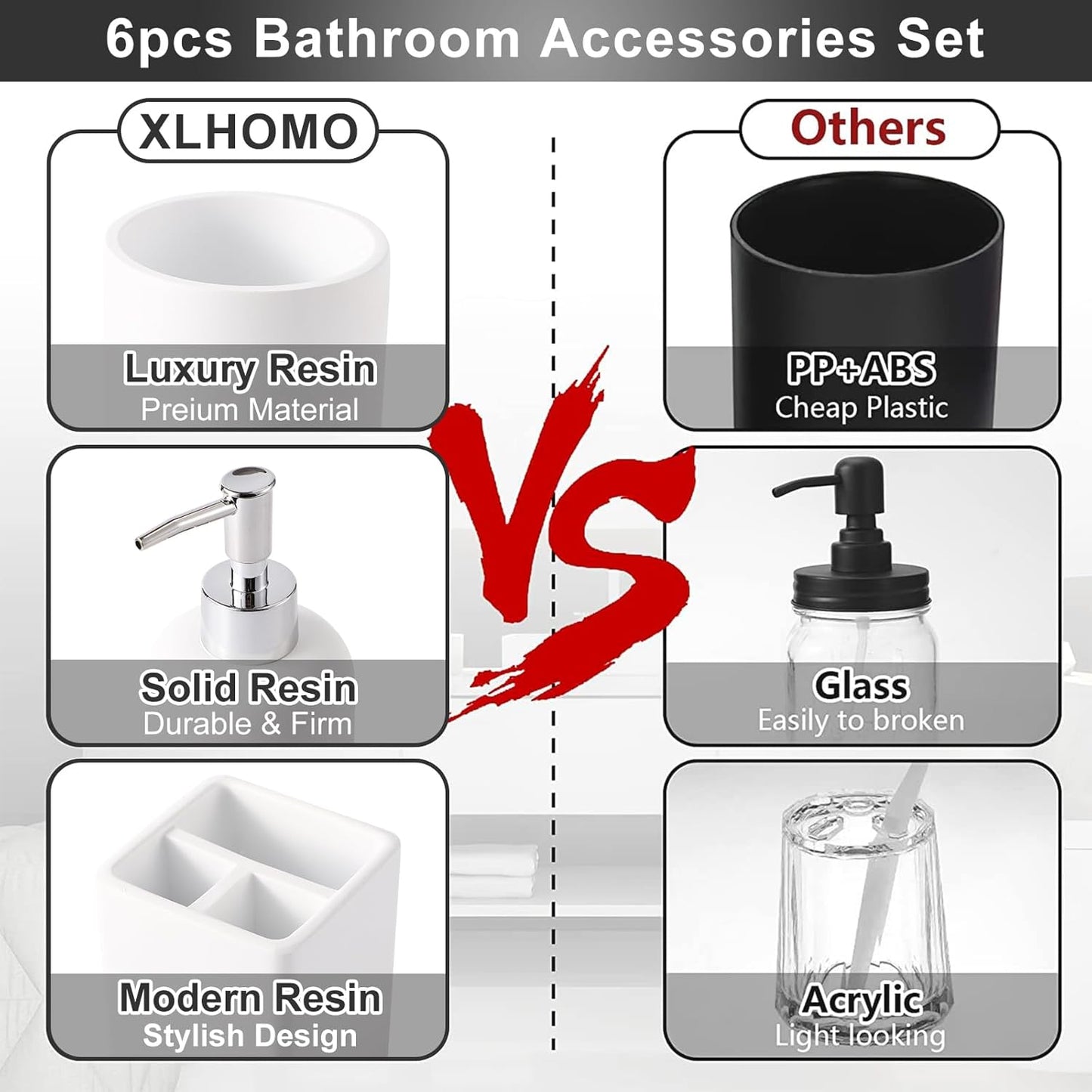 Resin 6 Pcs White Bathroom Set Complete with Toothbrush Holder, Lotion Soap Dispenser, 2 Qtip Holder Dispensers,Vanity Tray,Bathroom Tumbler - Countertop Vanity Organizer - Bathroom Accessories Set