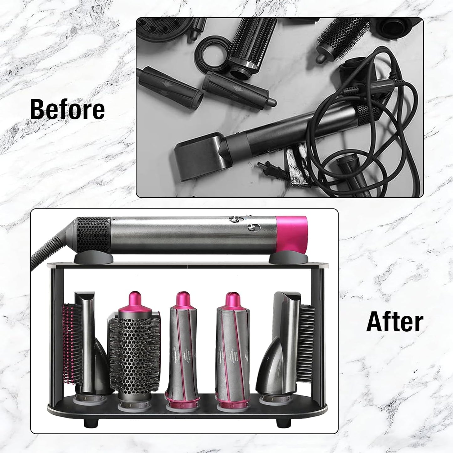 Holder for Dyson Airwrap 6" Barrel Only | Sturdy Metal Storage Rack with Protective Silicone Pad | Countertop Organizer for Attachments & Curling Iron with Self-Adhesive Hook, Black