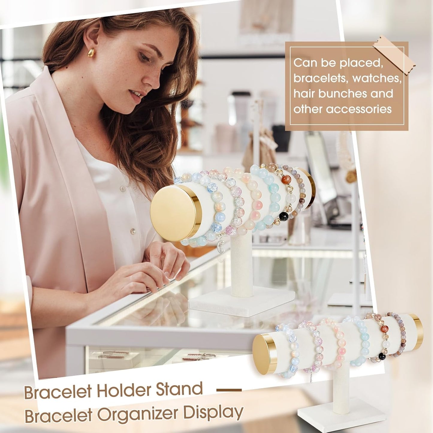 Wenqik 4 Pcs Bracelet Holder Stand Beige Velvet Bracelet Jewelry Display Holder for Vendors Scrunchies Selling Bangle Watch Hair Ties Organizer(Beige, Gold)