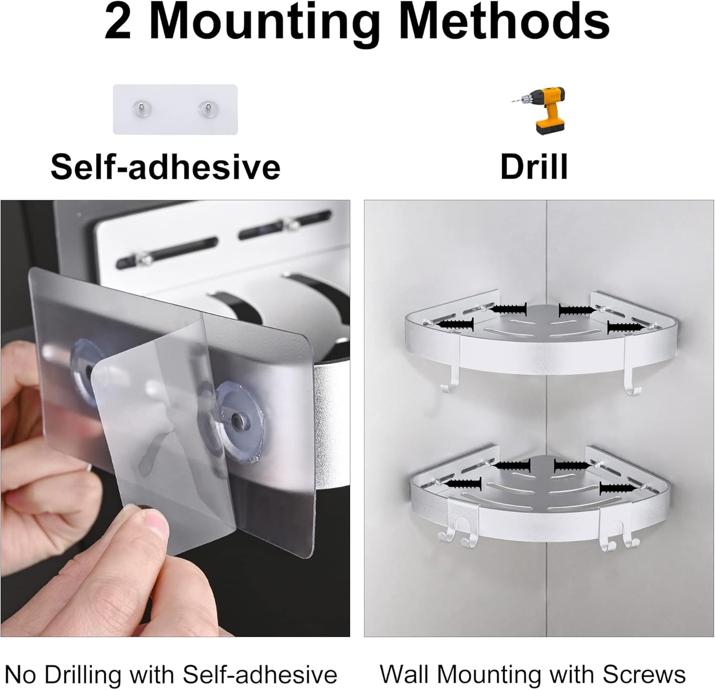 Adhesive Corner Shower Caddy with Hooks,Bathroom Shower Organizer, No Drilling Rust Proof Aluminum Shower Shelf for Inside Shower 2 Pack (Silver)