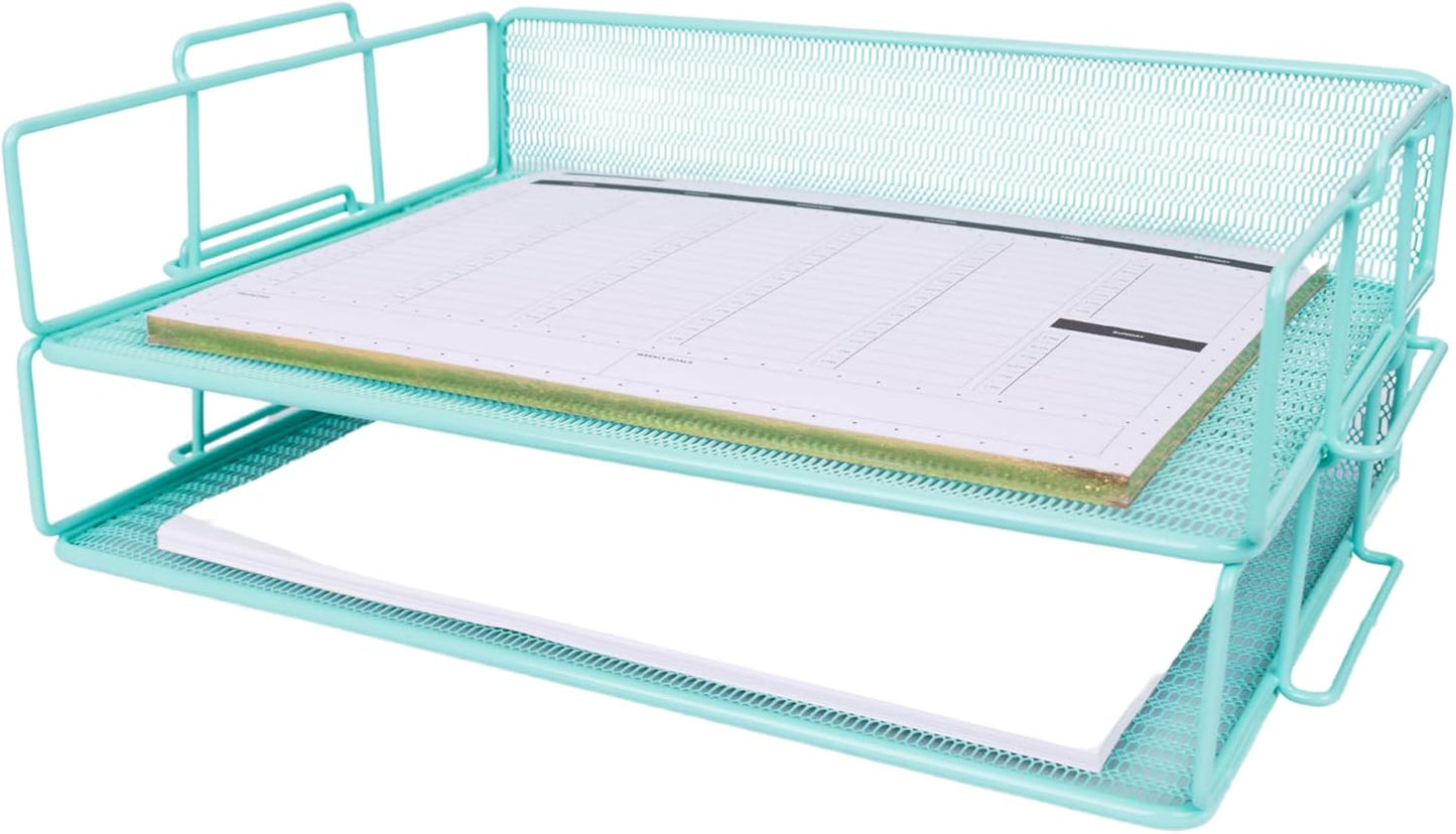 BLU MONACO Aqua Mesh Paper Tray Set of 2 | Stackable Letter Trays for Desk Storage | Metal Document Holder and File Organizer for Home, Office and School | 13” x 9.8” x 5.6” Workspace Organizer