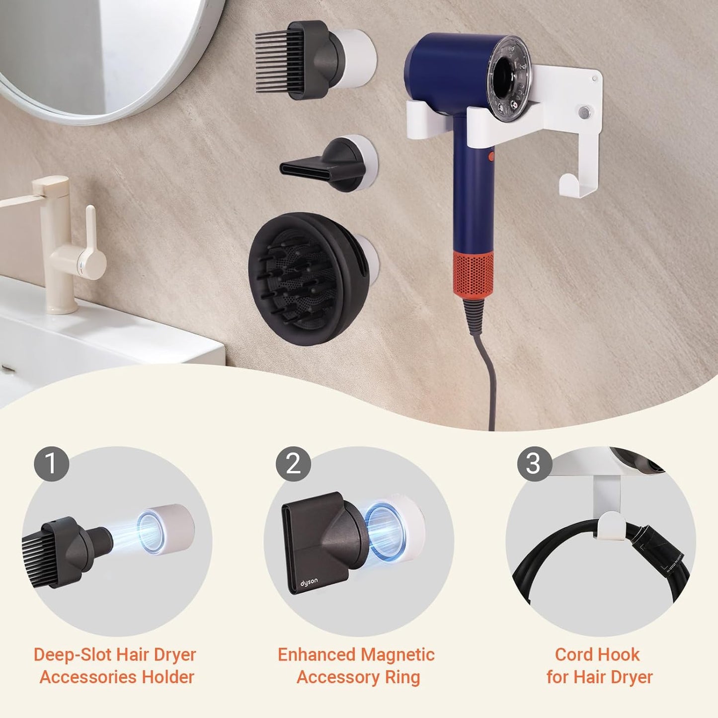 Hair Dryer Holder, Hair Dryer Holder Wall Mounted Self Adhesive Hairdryer Holder forDyson Aluminum Blow Dryer Holder Wall Mounted Black Hairdryer Hanger for Bathroom White CHOCHOYAH