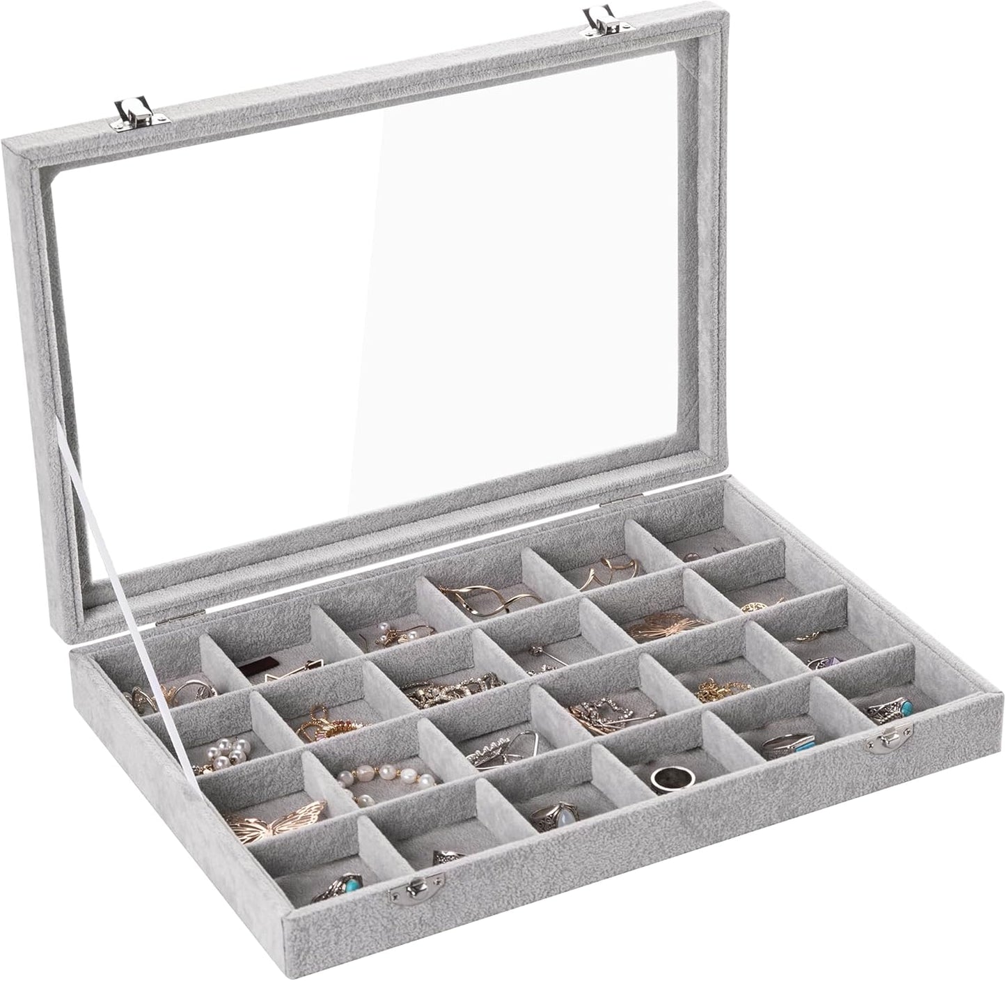 Frebeauty Velvet Jewelry Tray,24 Grid Jewelry Organizer with Clear Lid,Earring Holder Organizer with Clasp,Drawer Insert Rings Pendants Brooches,13.8 x 9.5 x 2 Inches,Gift for Women Girls(Grey)