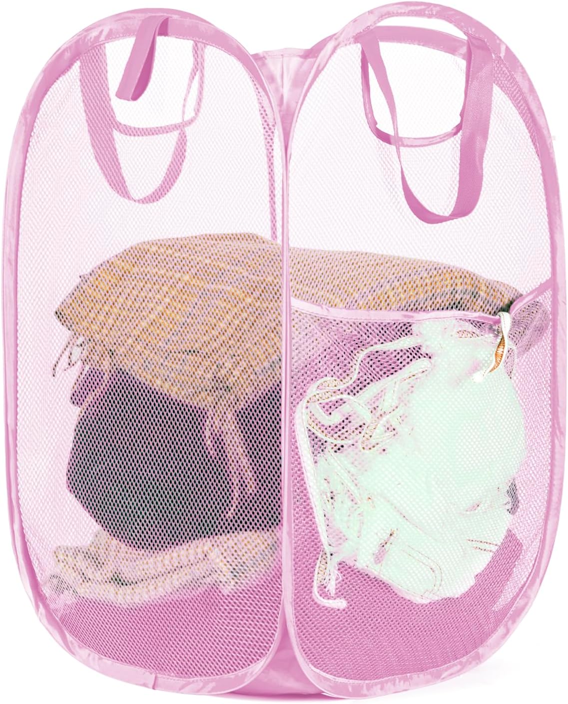 Strong Mesh Pop-up Laundry Hamper, Quality Pop Up Hampers for Laundry with Durable Handles Solid Bottom High Carbon Steel Frame, Easy to Open and Fold Flat for Storage(Light Pink)