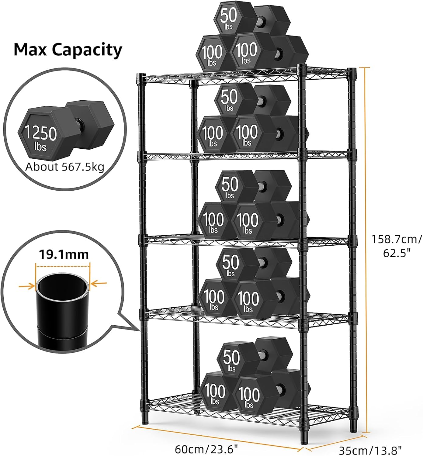 1250 lbs Storage Shelving Utility Shelving Unit 5-Tier Utility Shelving Unit Steel Organizer Wire Rack for Home,Kitchen,Office (13.7" D x 23.6" W x 62.4" H)