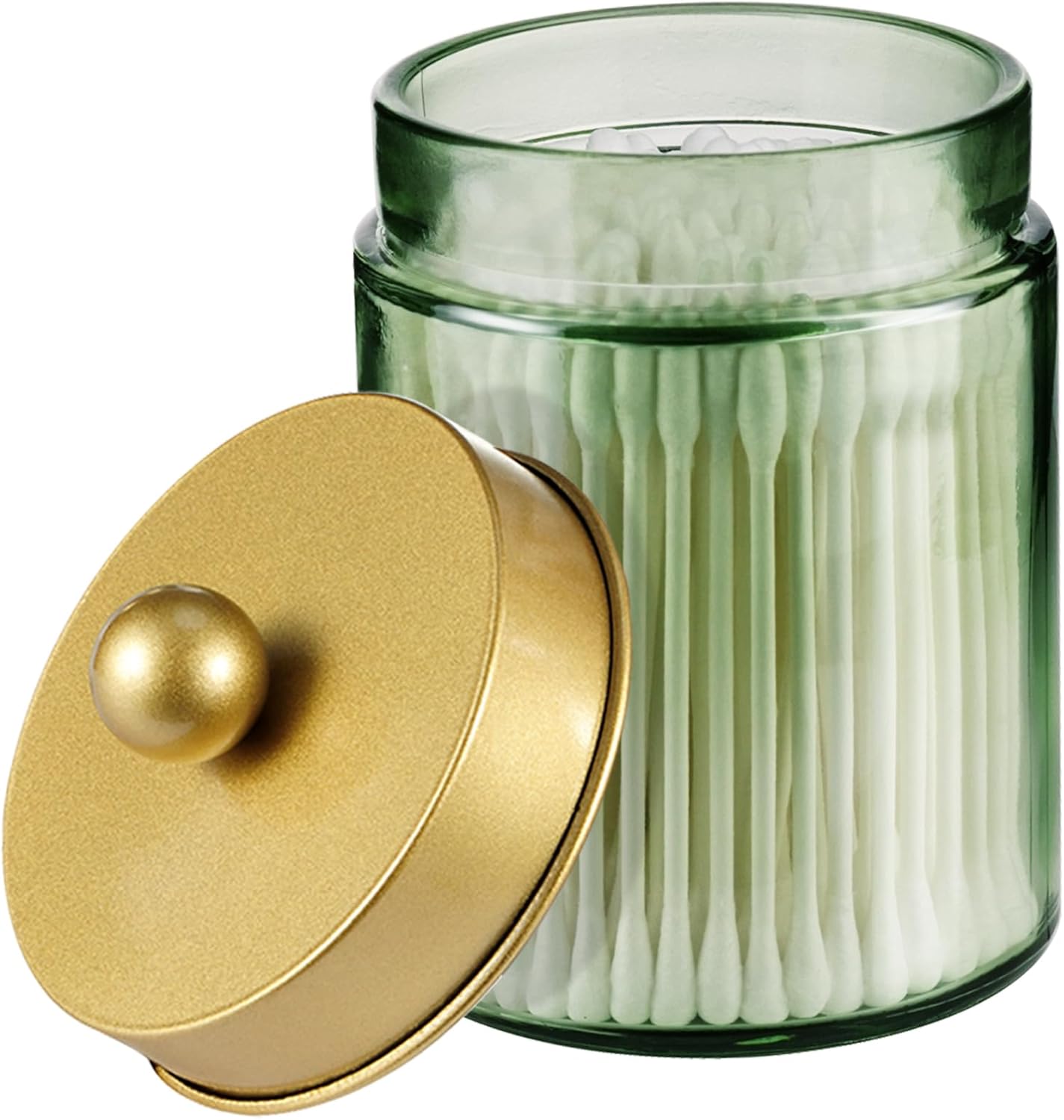Amolliar Sage Green Glass Apothecary Jar, Qtip Holder Metal Lid & Stickers, Bathroom Qtip Holder Storage Canister, Farmhouse Decor for Cotton Balls, Swabs, Round Pads, Bath Salt, Floss, Gold 1 Pack