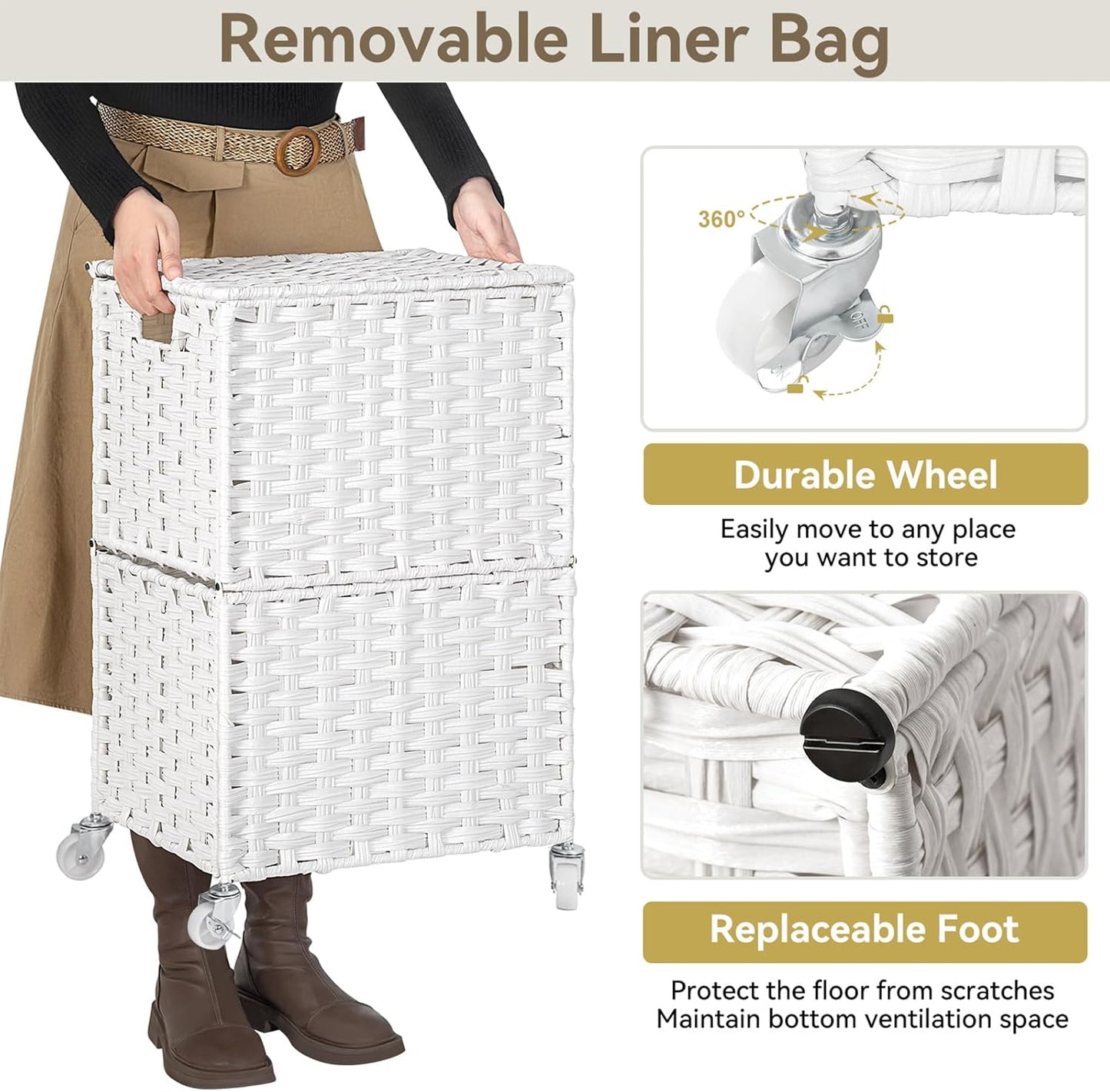 Chrislley 90L Slim Laundry Hamper with Wheels, Rolling Laundry Basket with Lid and Renovable Liner Bag, Handwoven Rattan Organizer for bedroom, bathroom, laundry room (White)