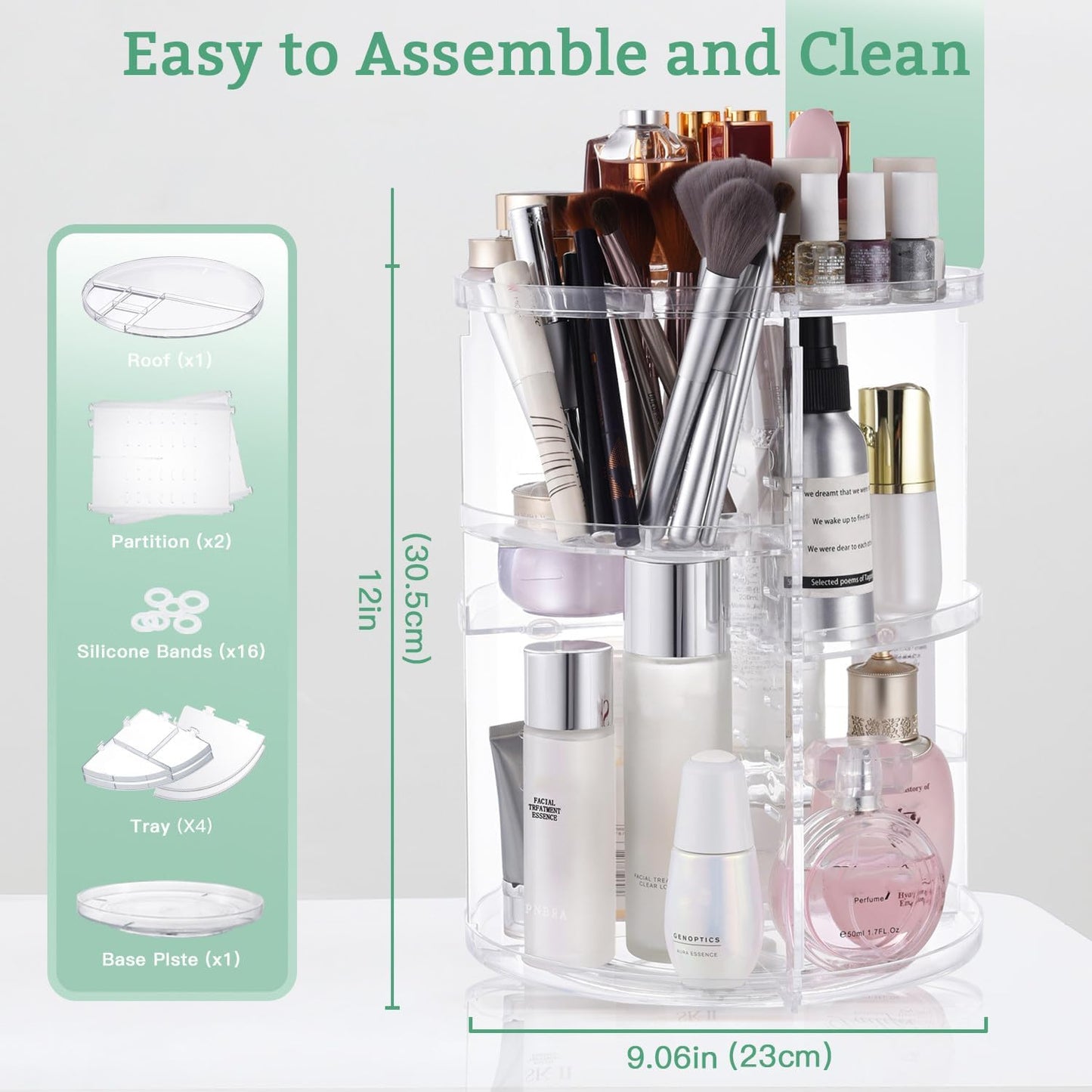 360 Rotating Makeup Organizer,DIY Adjustable Spinning Holder,Foldable Cosmetic Storage Display box,Large Capacity Make up Caddy Shelf,Fits Countertop Vanity and Bathroom (CLEAR)