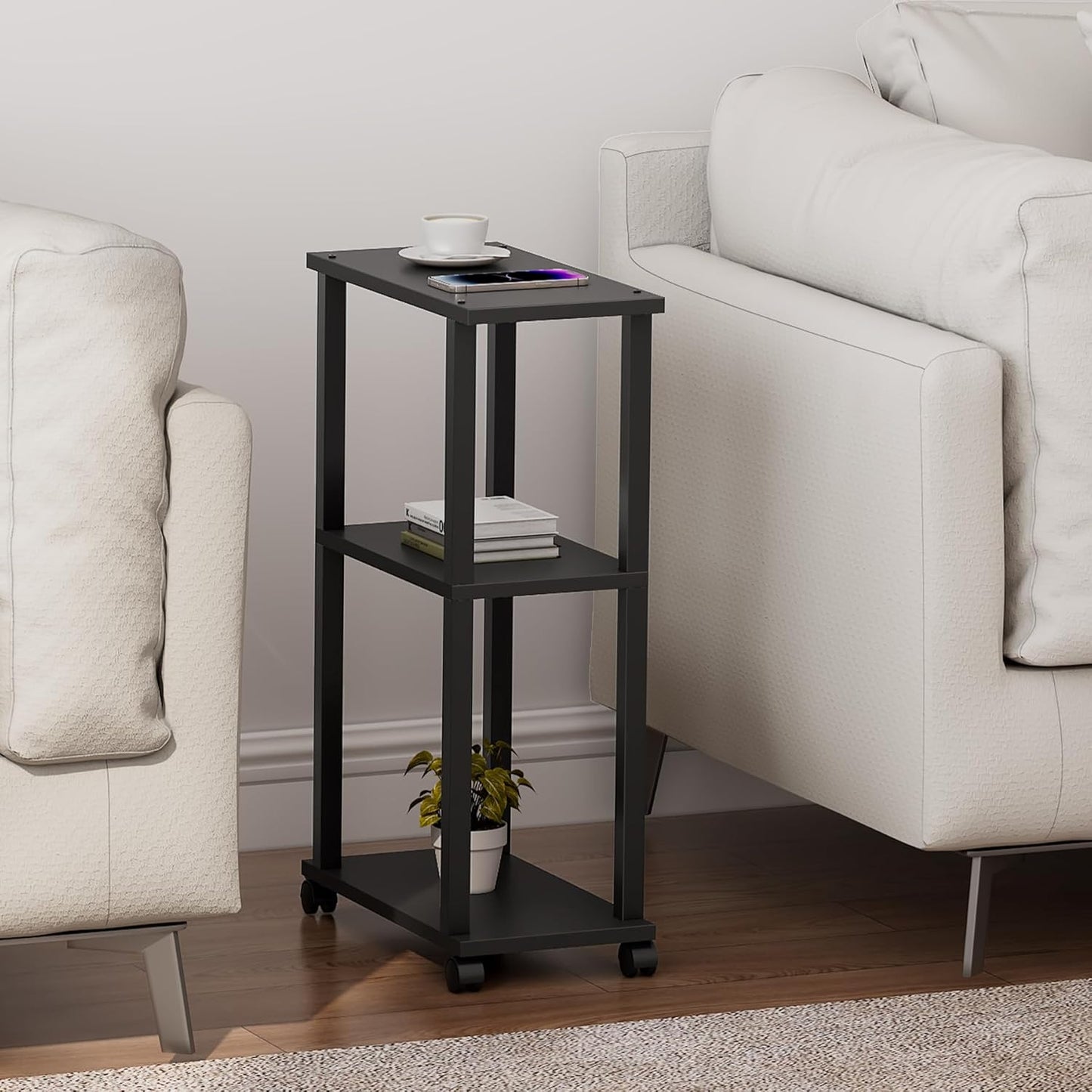 TUTOTAK Small Side Table, Narrow End Table, Bedside Table, Couch Side Table with Wheels for Living Room or Bedroom, Black TB01BK061