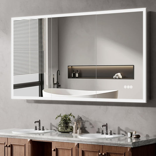 60"x32" Medicine Cabinet Mirror, LED Lighted Medicine Cabinet with Electrical Outlet＆USB, Anti-Fog, 3 Colors Temperature Stepless Dimmable, Aluminum Cabinet for Storage and Mordern Decor