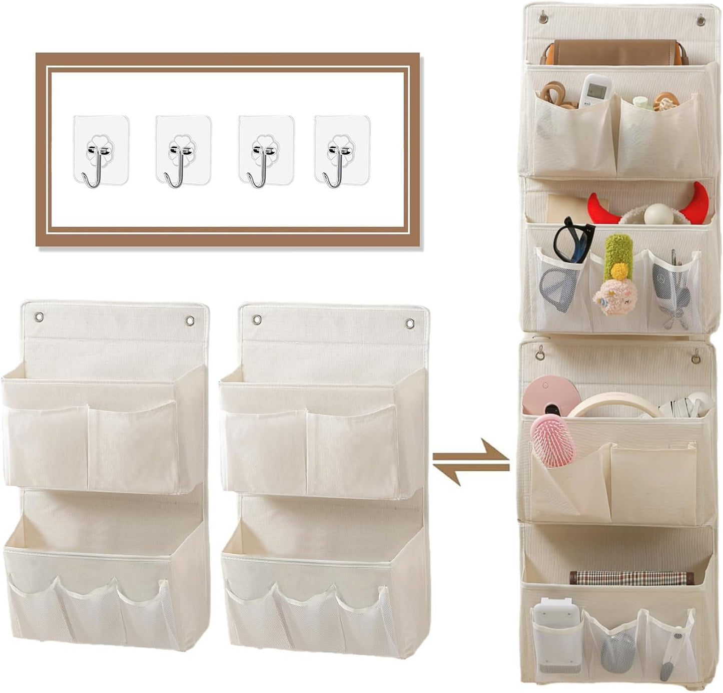 Wall Hanging Organizer – Over the Door Storage & Behind Door Organizer for Dormitory, Bathroom, Bedroom, Kitchen, Nursery, Space-Saving (White, 2 Pack)