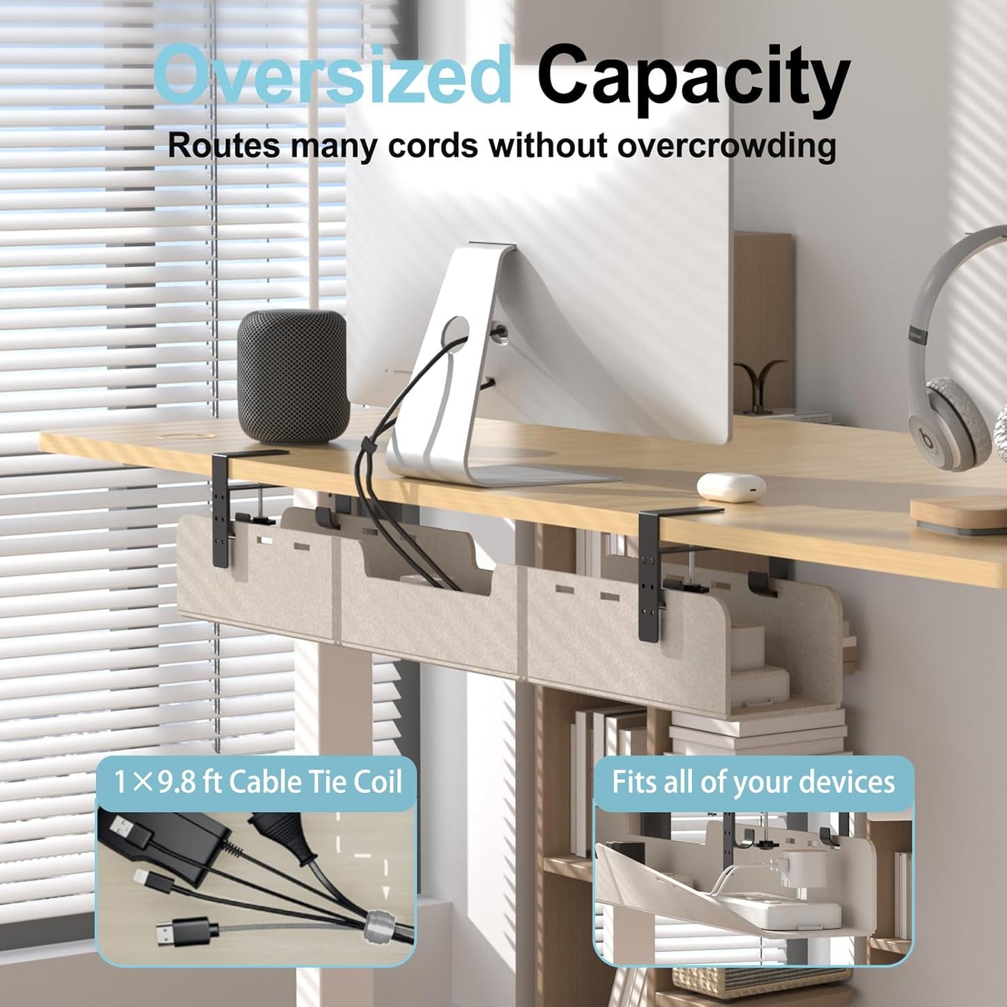Under Desk Cable Management Tray,No-Drill Upgraded Thickened Felt Cord Organizer with Clamp or Screw Mount,Cable Holder for Standing Desk,Home Or Office(Beige, 31.5")