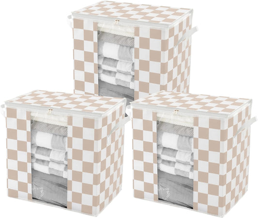 Beige Checkered Clothes Storage Bins, 100L Large Blanket Storage Bags 3 Pack, Closet Organizers and Storage Containers for Comforters, Bedding, Foldable Organizer with Handle