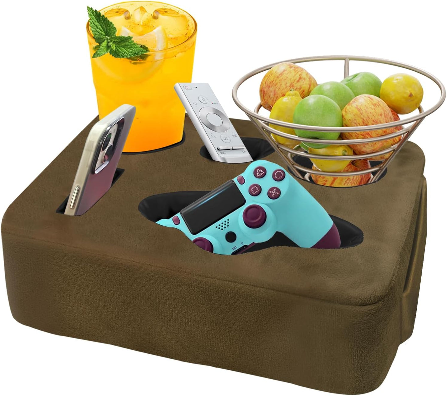 Couch Bed Cup Holder Pillow, Nisdoing 5 Hole Couch Drink Holder! Keep Drinks Hand Side and KeepTemp, Prevent Spills and Use Anywhere.Cup Holder for Couch, Bed,Camping,RV,Car,Beach.Brown
