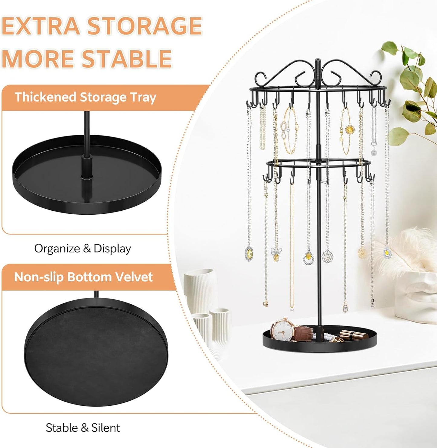 iDavosic.ly 2 Tier Rotating Necklace Organizer with Jewelry Tray, Adjustable Metal Necklace Holder with 42 Hooks, Extra Tall Bracelet Keychain Spinning Display Stand Tree Tower for Women, Black
