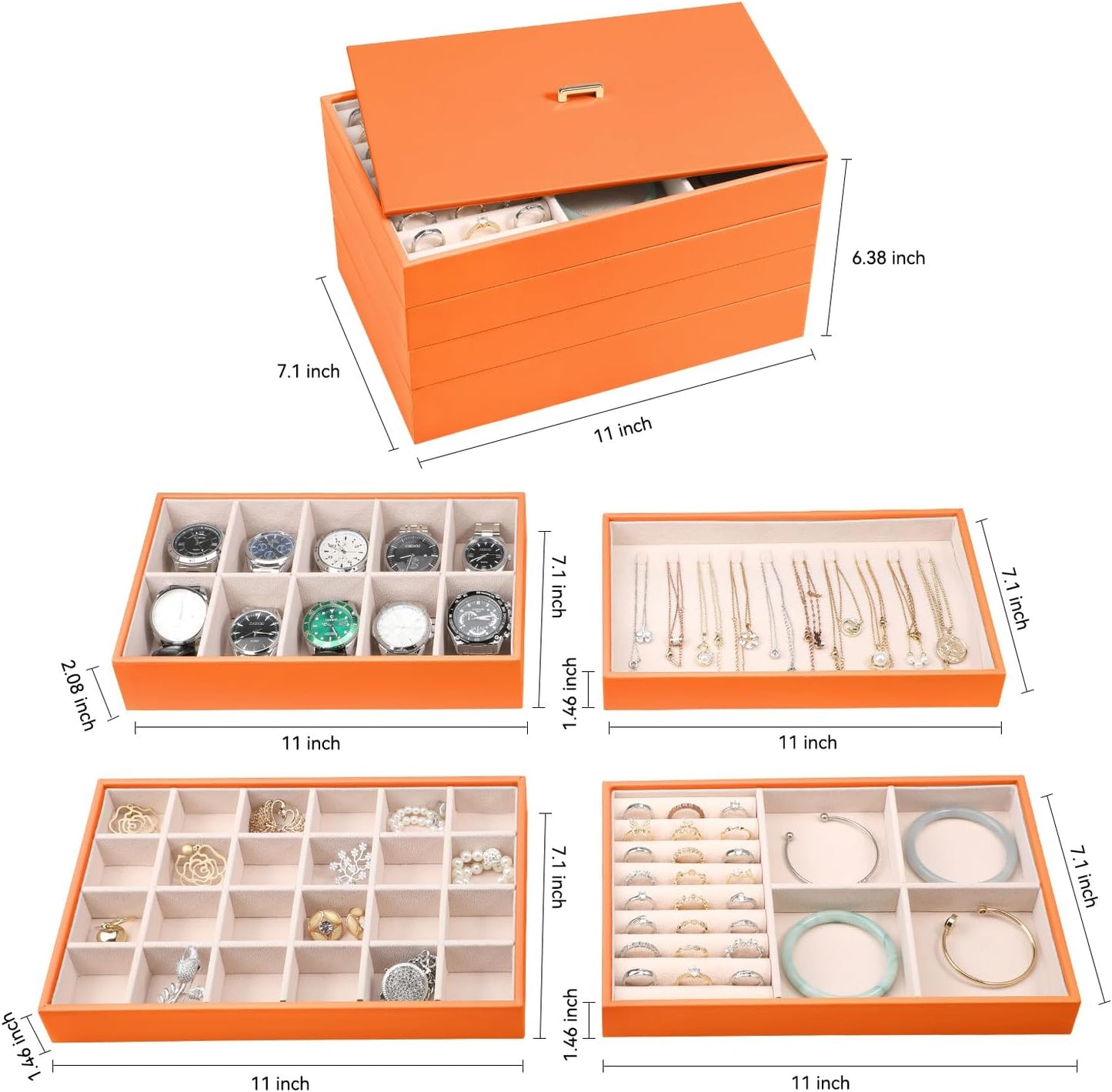 Voova Stackable Jewelry Organizer Tray with Lid, PU Leather Jewelry Storage Holder for Drawer Inserts, Jewellery Display Box Case for Earring Necklace Ring Watch Bracelet (Set of 4, Orange)