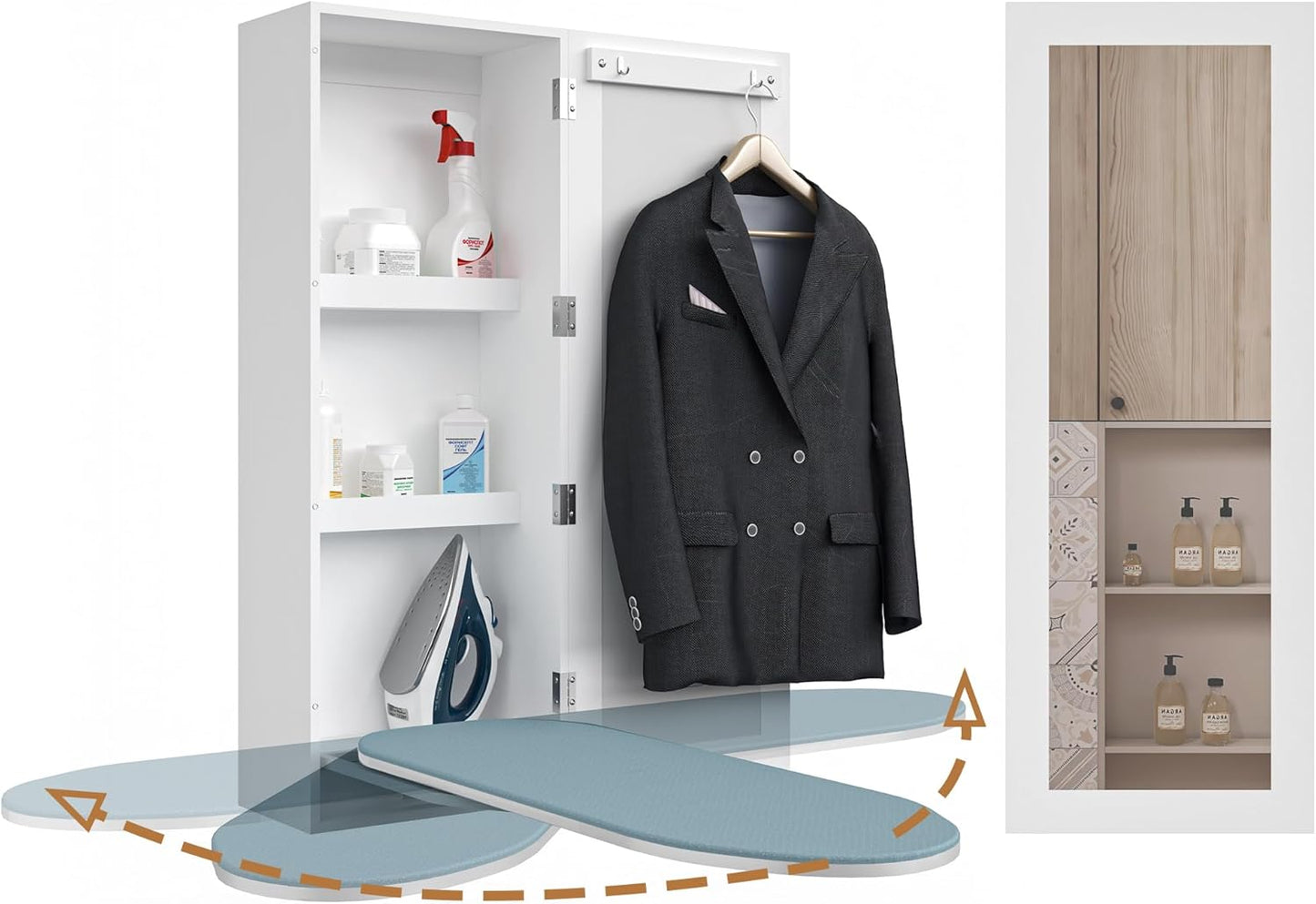 Wall Mount Ironing Board Cabinet, Built in Swivel Ironing Board Folding with Storage & Mirrored Door, White