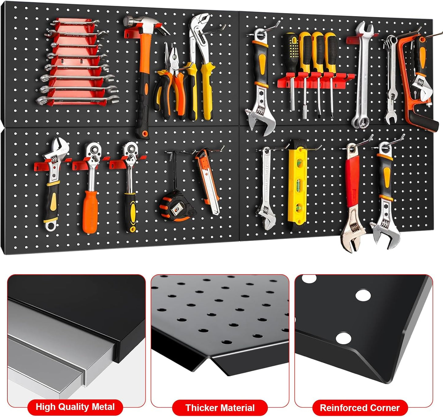 4Pcs Metal Pegboard Panels 24"x12" for Wall，Peg Boards for Garage Tools Pegboard Storage Organizer for Workbench, Shop,Bathroom,Office and Gaming Setup (Black, 24" x 12")