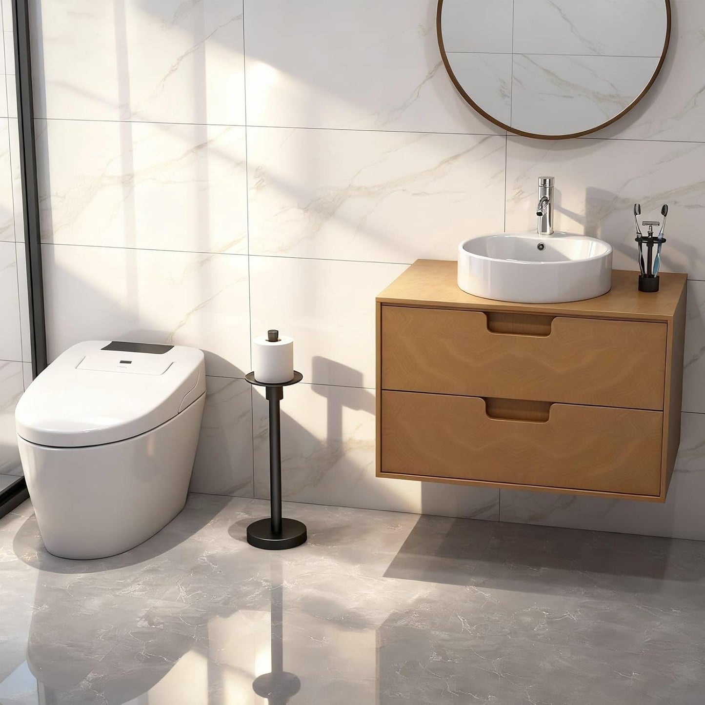 YUMORE Freestanding Toilet Paper Holder, Matte Black/Floor Standing Weighted Base Toilet Paper Holder Stand