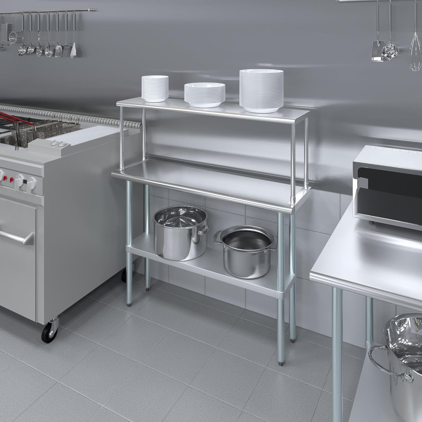 Stainless Steel Work Table with Wide Single Tier Overshelf | Metal Kitchen Prep Table & Shelving Combo (14" x 48" Work Table + 12" Overshelf)