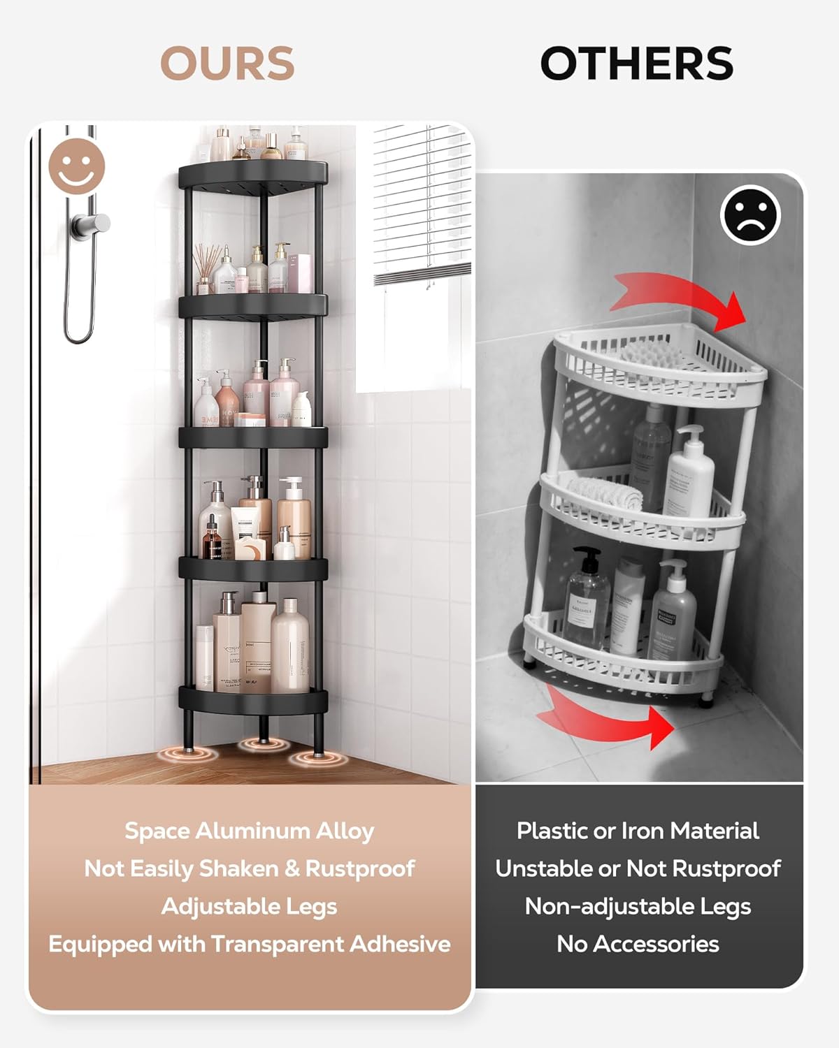 Nieifi Corner Shower Caddy Stand-5 Tier Rustproof Anodized Aluminum Standing Shower Organizer-Shower Caddy Corner-Dual Stability to Anti-Shaking-Height-Adjustable Legs for Uneven Surfaces-Black