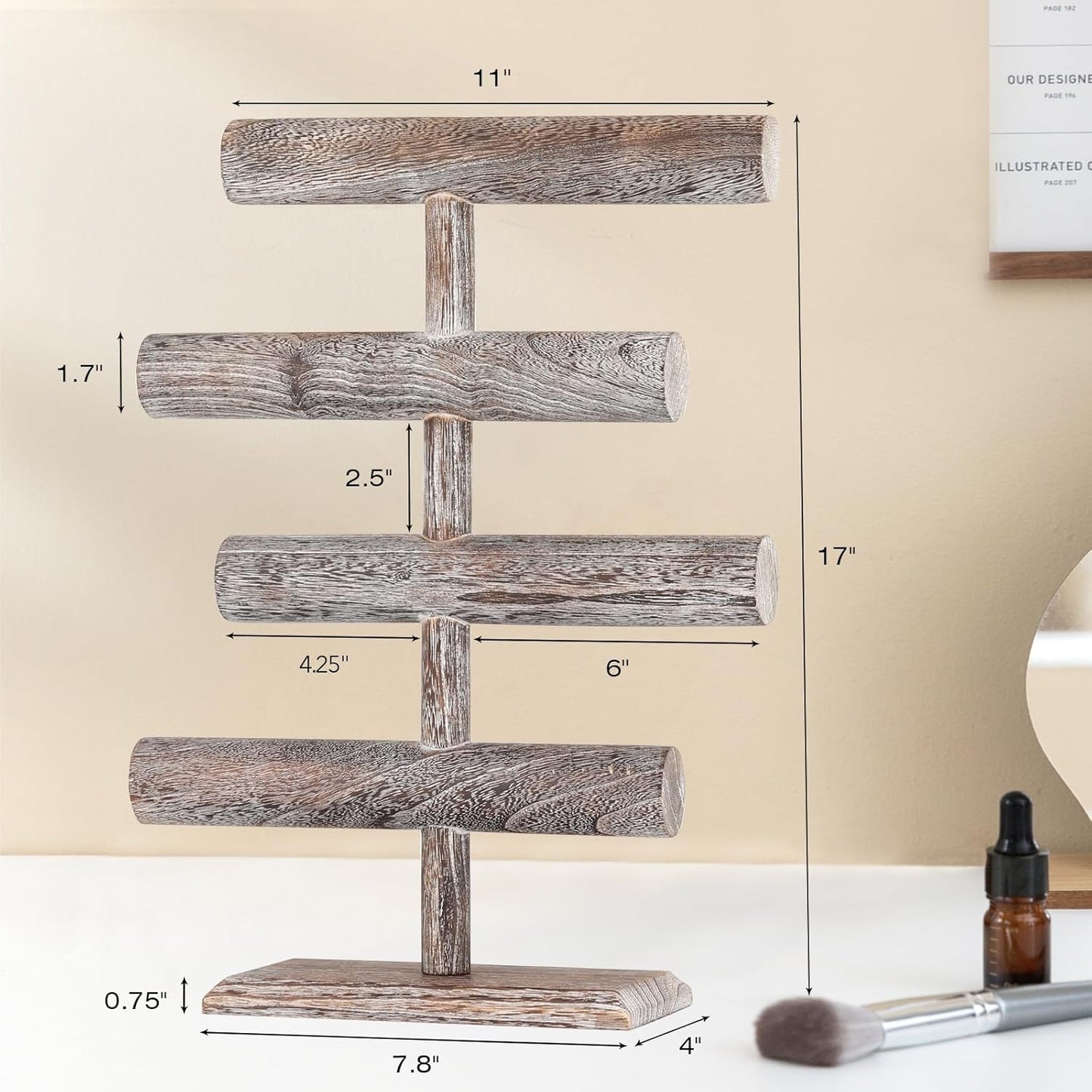 LadyRosian 4 Tier Wooden Display Jewelry Accessory Stand Jewelry Bracelet Holder Bangle Watch Necklace Storage Jewelry Holder Stand Display Organizer, (Antique White-4 layers)