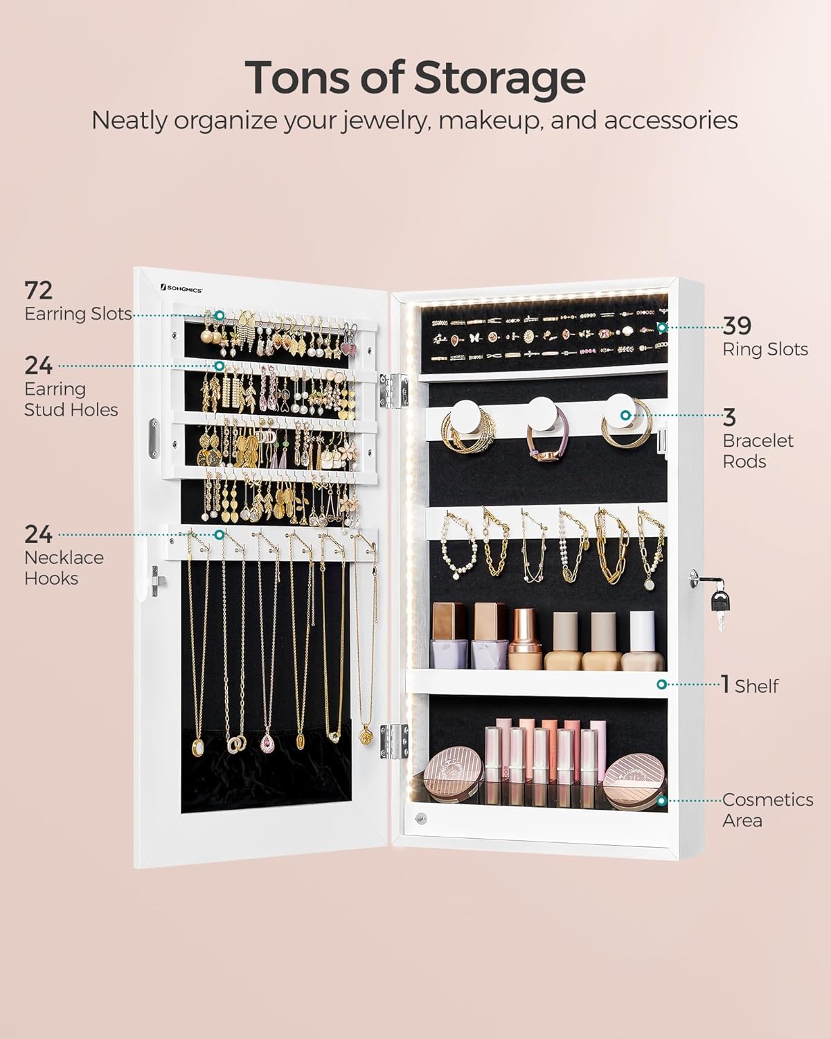 SONGMICS Mirror Jewelry Cabinet Armoire with Built-in LED Lights, Wall or Door Mounted Jewelry Storage Organizer, 3.8 x 14.6 x 26.4 Inches Hanging Mirror Cabinet, Christmas Gift Idea, White UJJC050W01